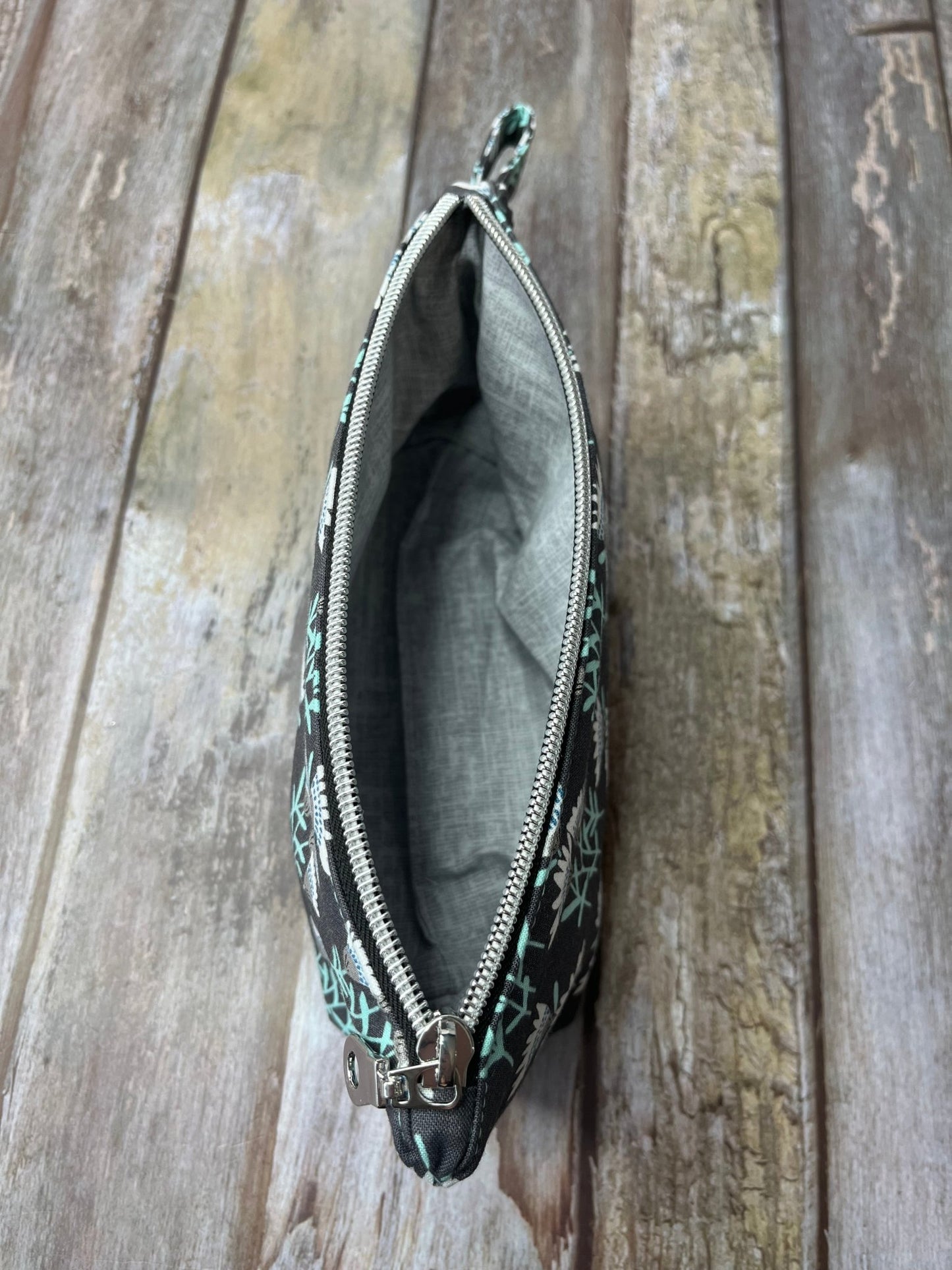 Grey Aqua Floral Makeup Bag Pencil Case - Uphouse Crafts