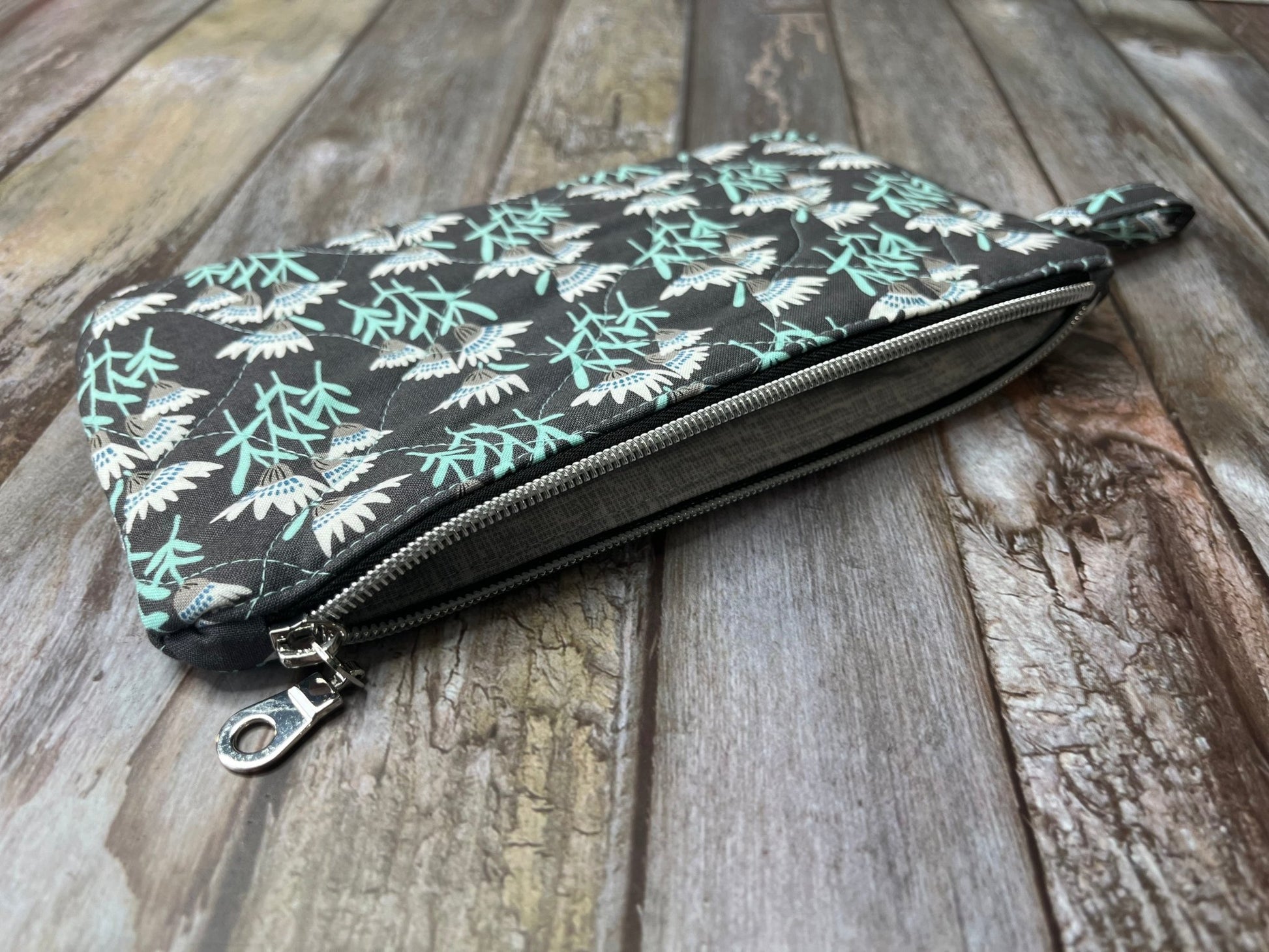 Grey Aqua Floral Makeup Bag Pencil Case - Uphouse Crafts