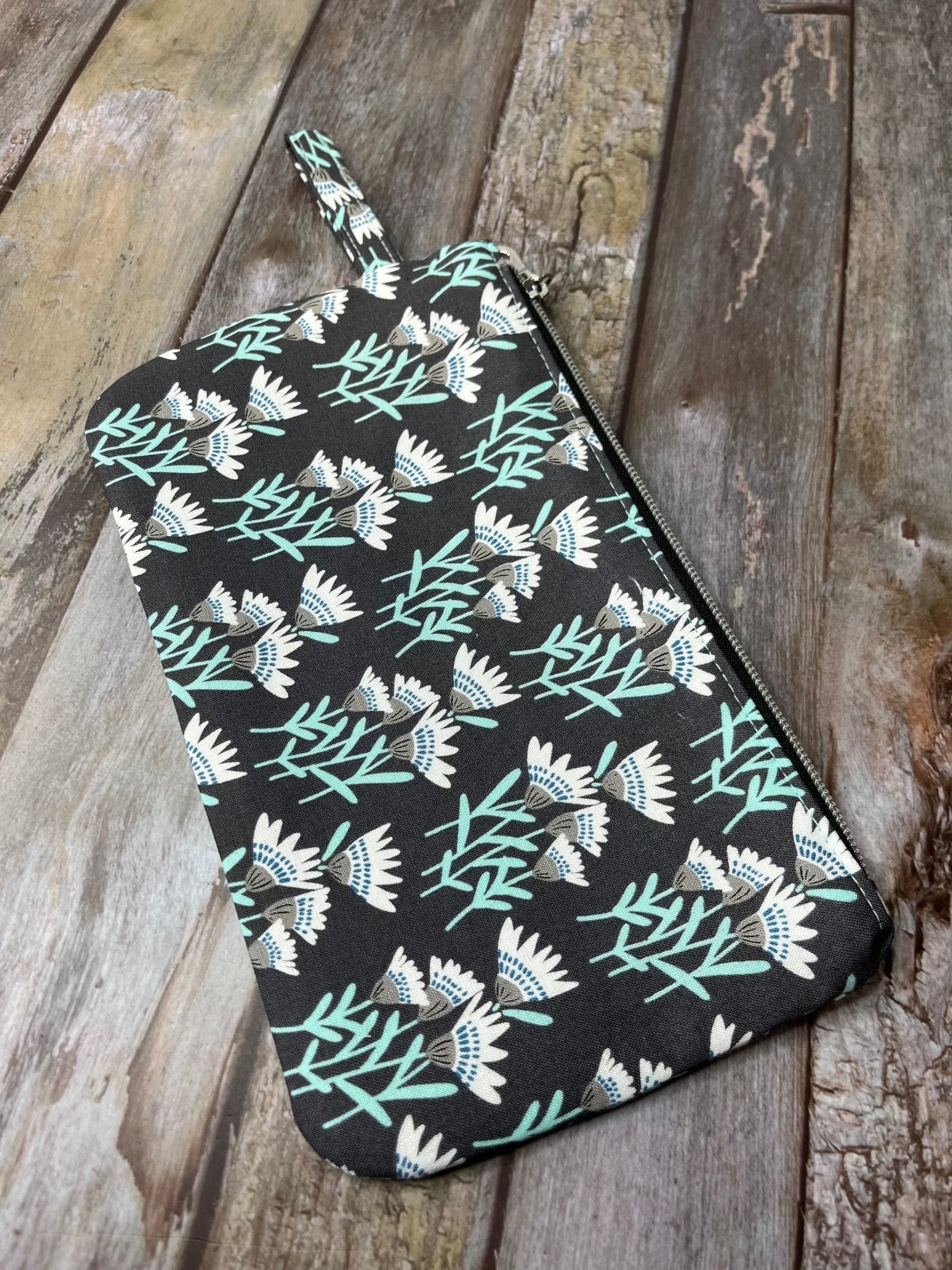 Grey Aqua Floral Makeup Bag Pencil Case - Uphouse Crafts