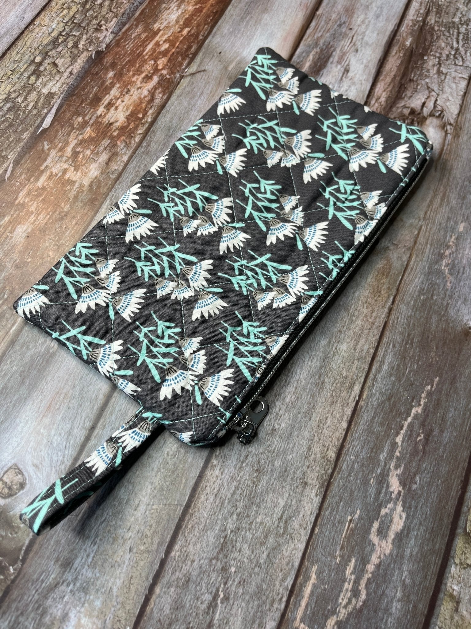 Grey Aqua Floral Makeup Bag Pencil Case - Uphouse Crafts