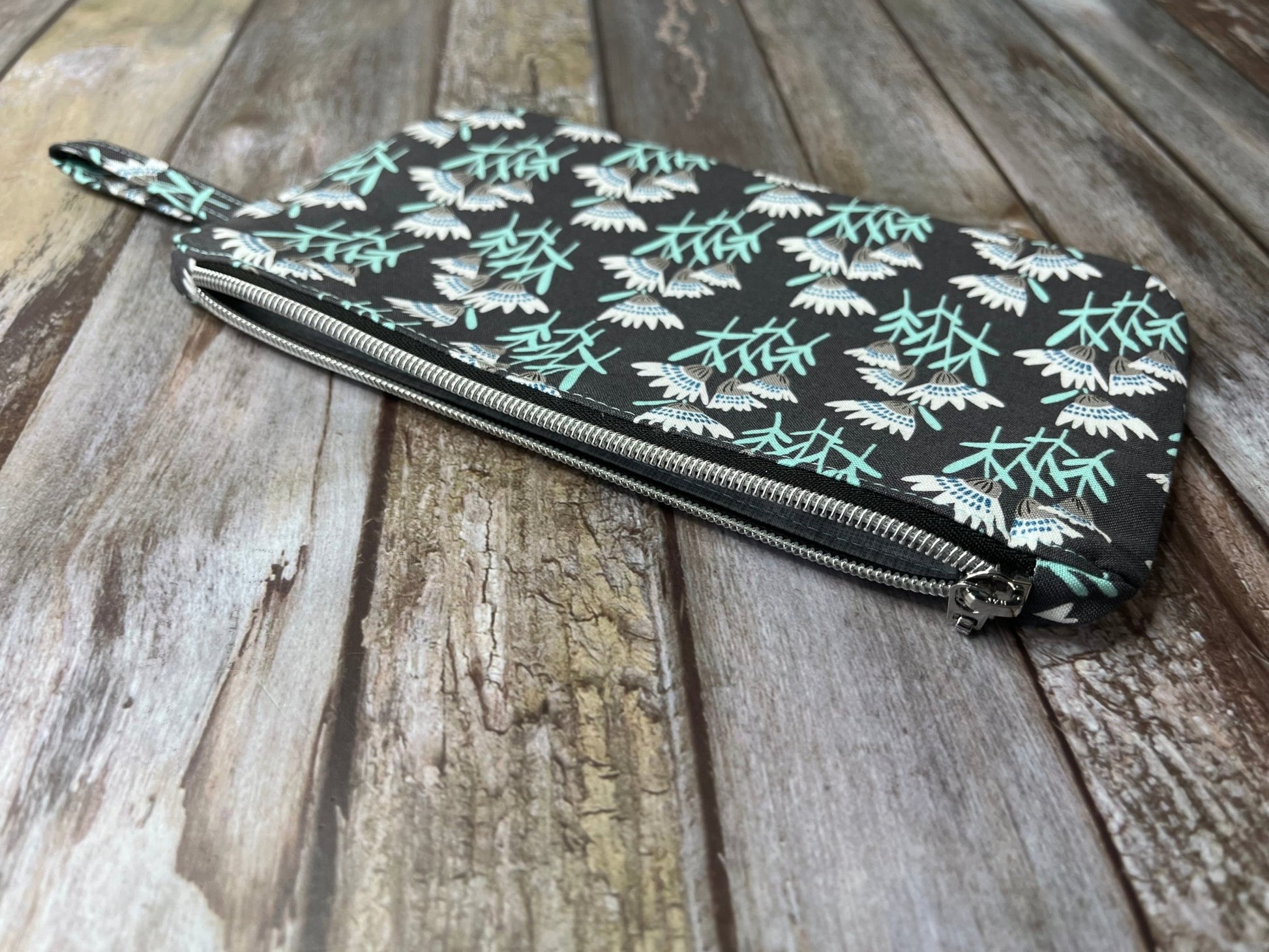 Grey Aqua Floral Makeup Bag Pencil Case - Uphouse Crafts