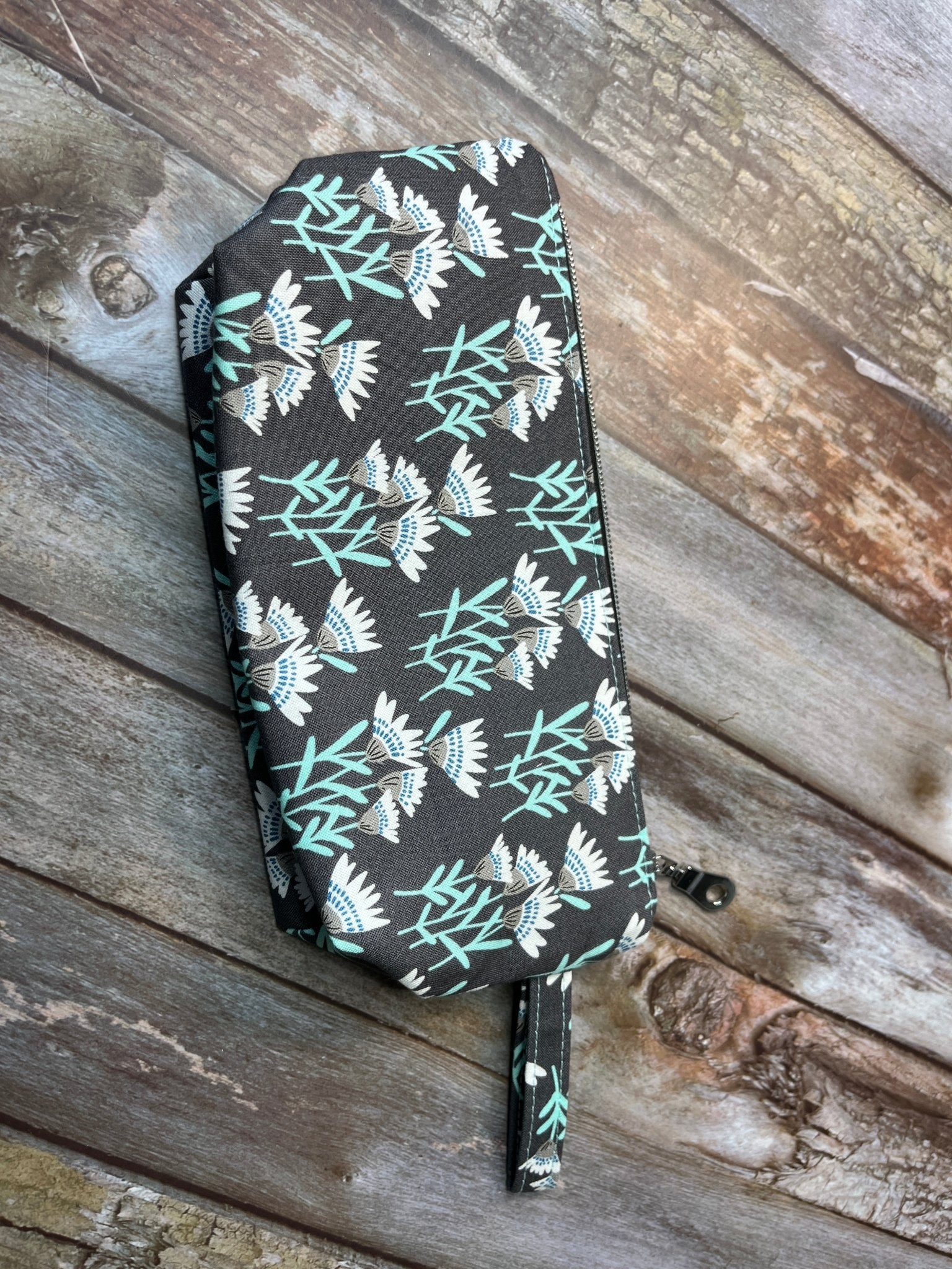 Grey Aqua Floral Makeup Bag Pencil Case - Uphouse Crafts