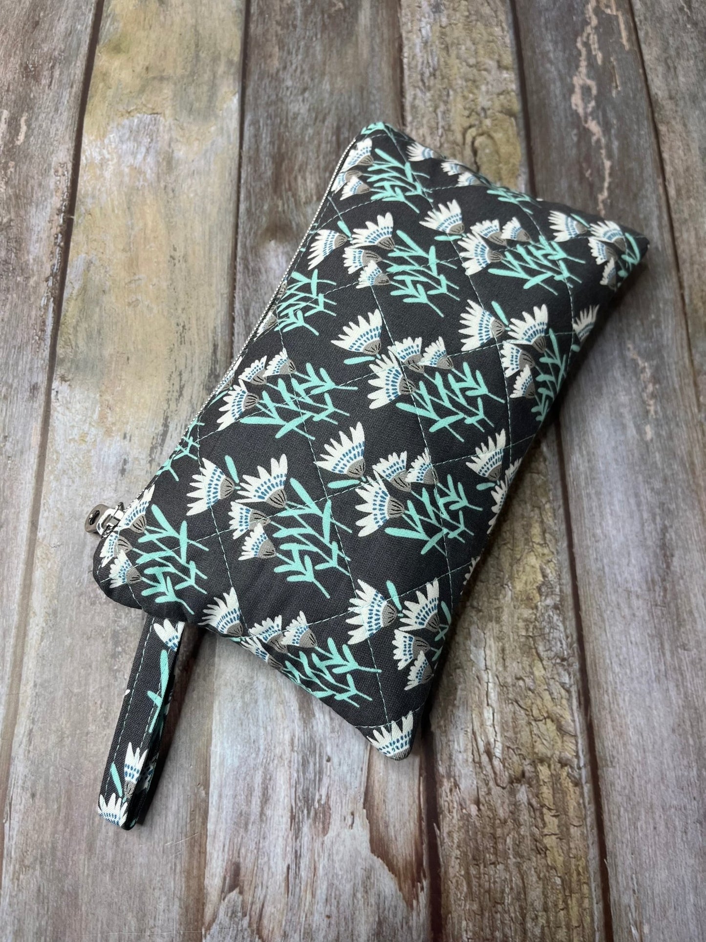 Grey Aqua Floral Makeup Bag Pencil Case - Uphouse Crafts