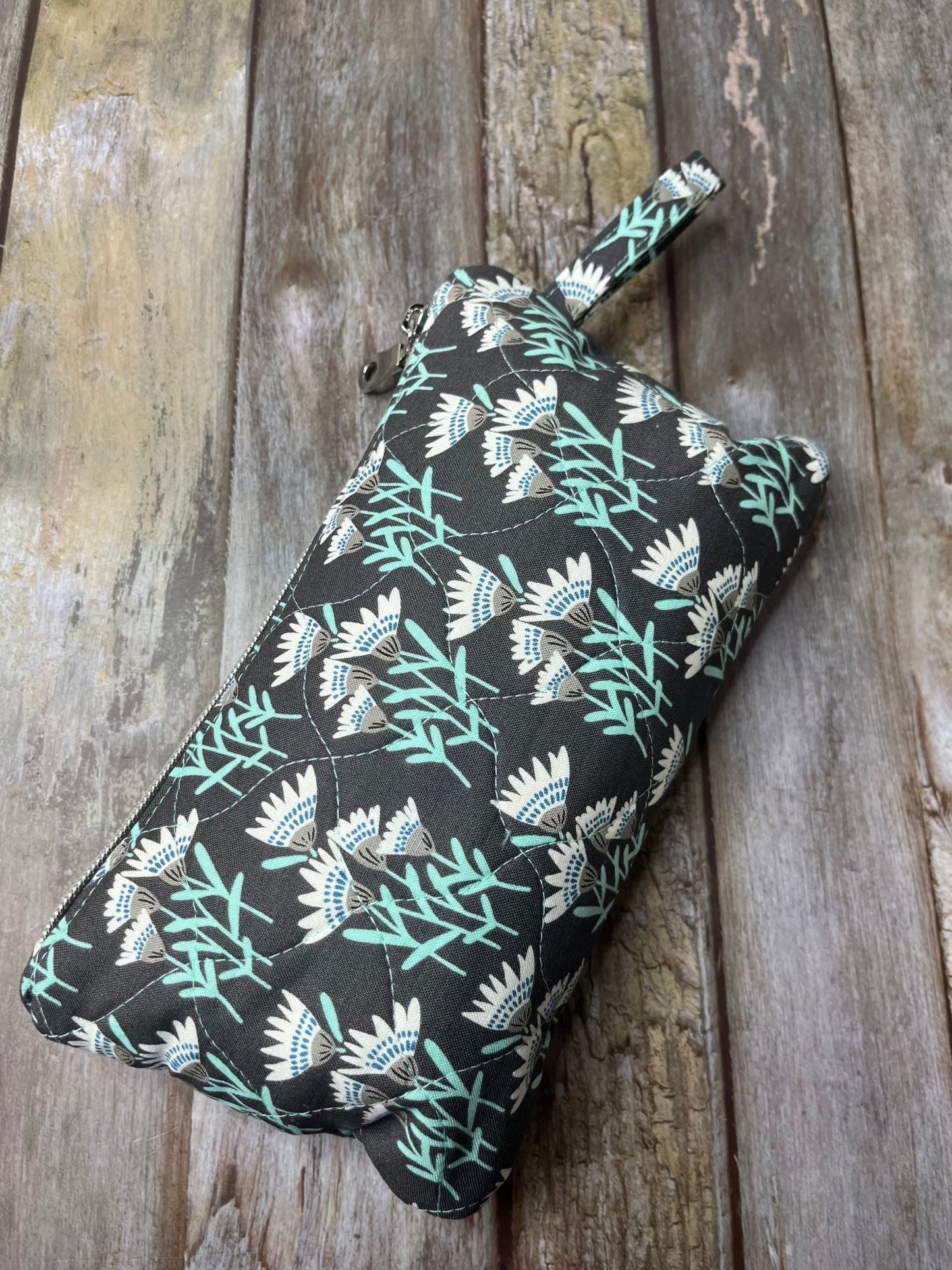 Grey Aqua Floral Makeup Bag Pencil Case - Uphouse Crafts