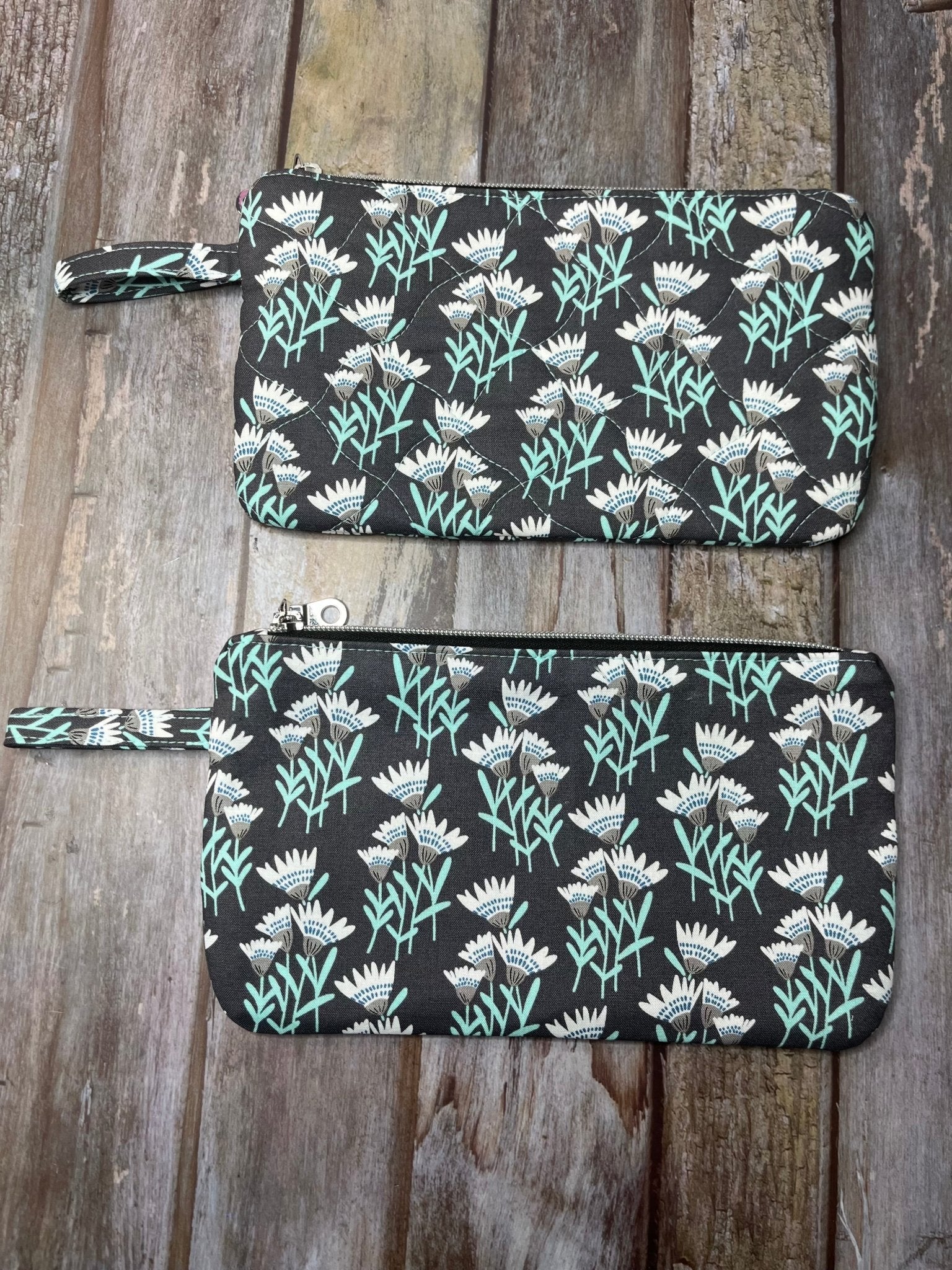 Grey Aqua Floral Makeup Bag Pencil Case - Uphouse Crafts