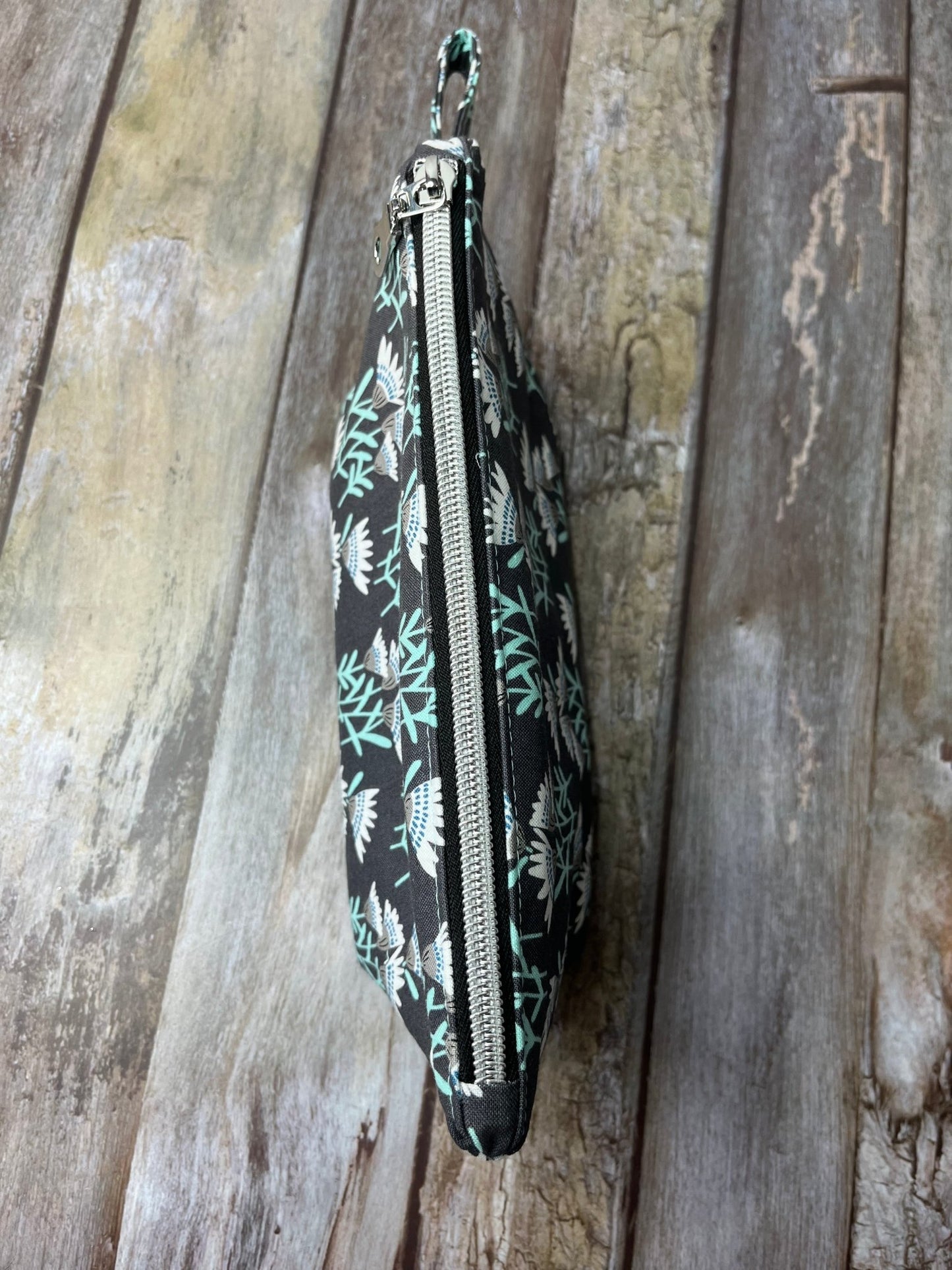 Grey Aqua Floral Makeup Bag Pencil Case - Uphouse Crafts