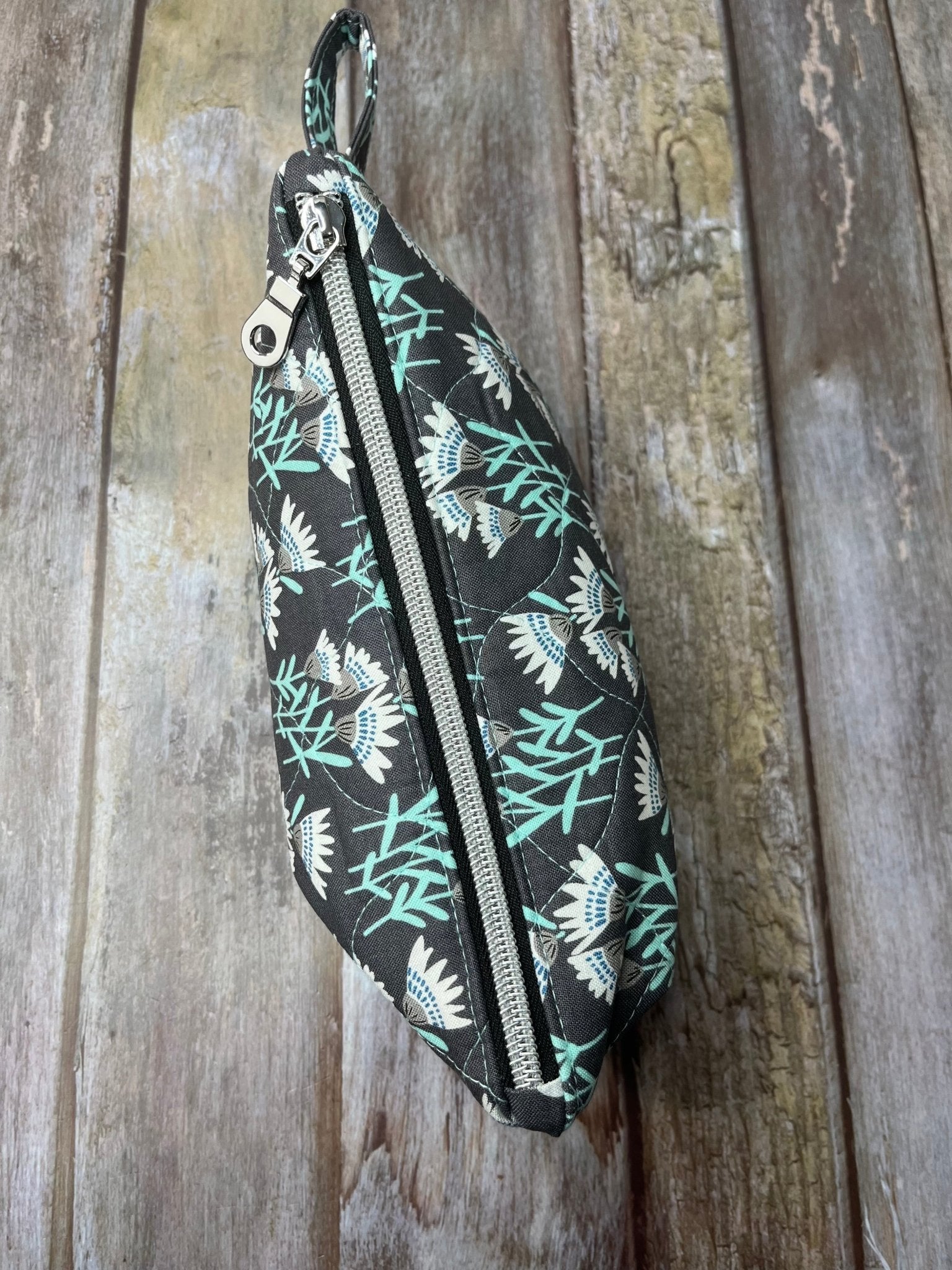 Grey Aqua Floral Makeup Bag Pencil Case - Uphouse Crafts