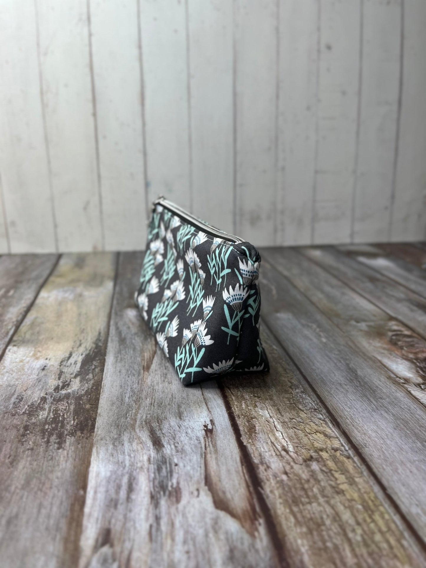 Grey Aqua Floral Makeup Bag Pencil Case - Uphouse Crafts