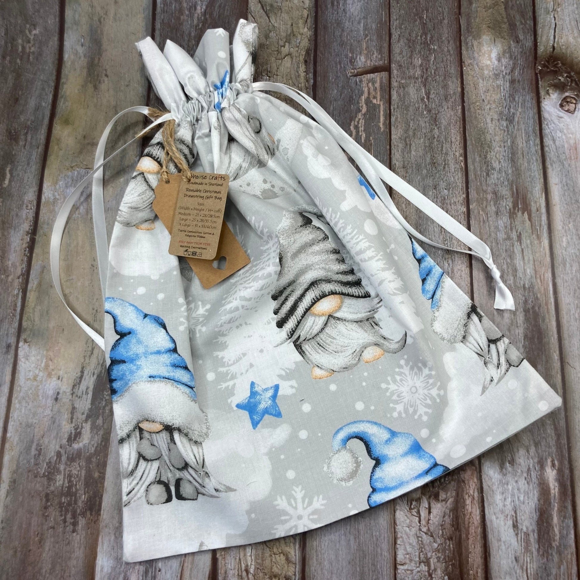 Grey Blue Gnome Christmas Reusable Drawstring Gift Bag, Eco Gift wrap, Xmas Cotton Gift Bag, Festive Cotton Reusable Gift Bags - Uphouse Crafts