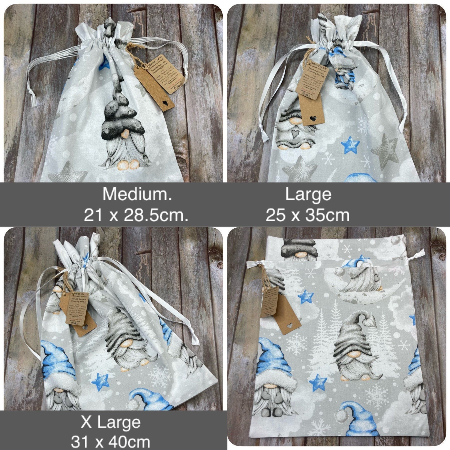 Grey Blue Gnome Christmas Reusable Drawstring Gift Bag, Eco Gift wrap, Xmas Cotton Gift Bag, Festive Cotton Reusable Gift Bags - Uphouse Crafts