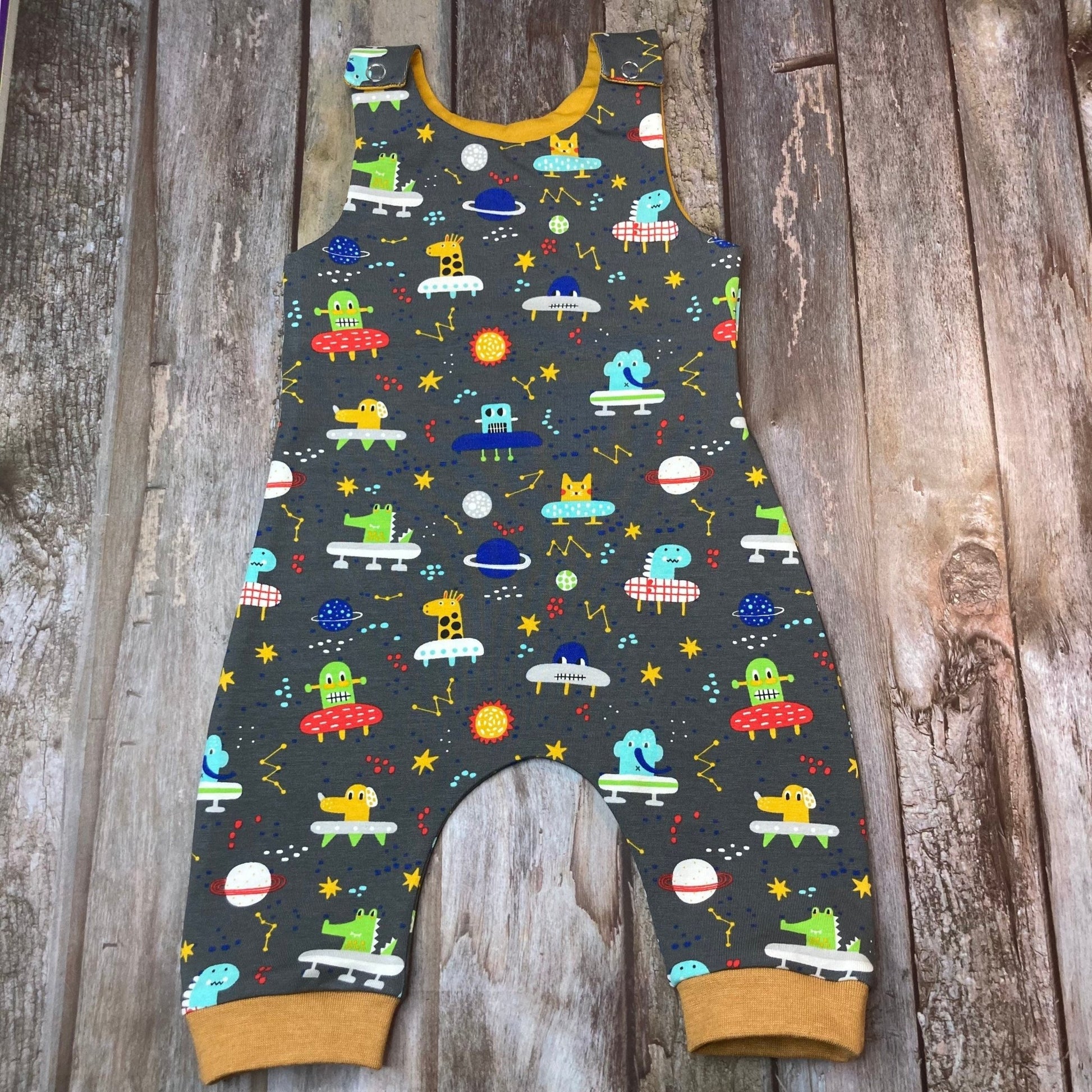Grey Mustard Alien Spaceship Baby dungarees 0 - 3 months - Uphouse Crafts