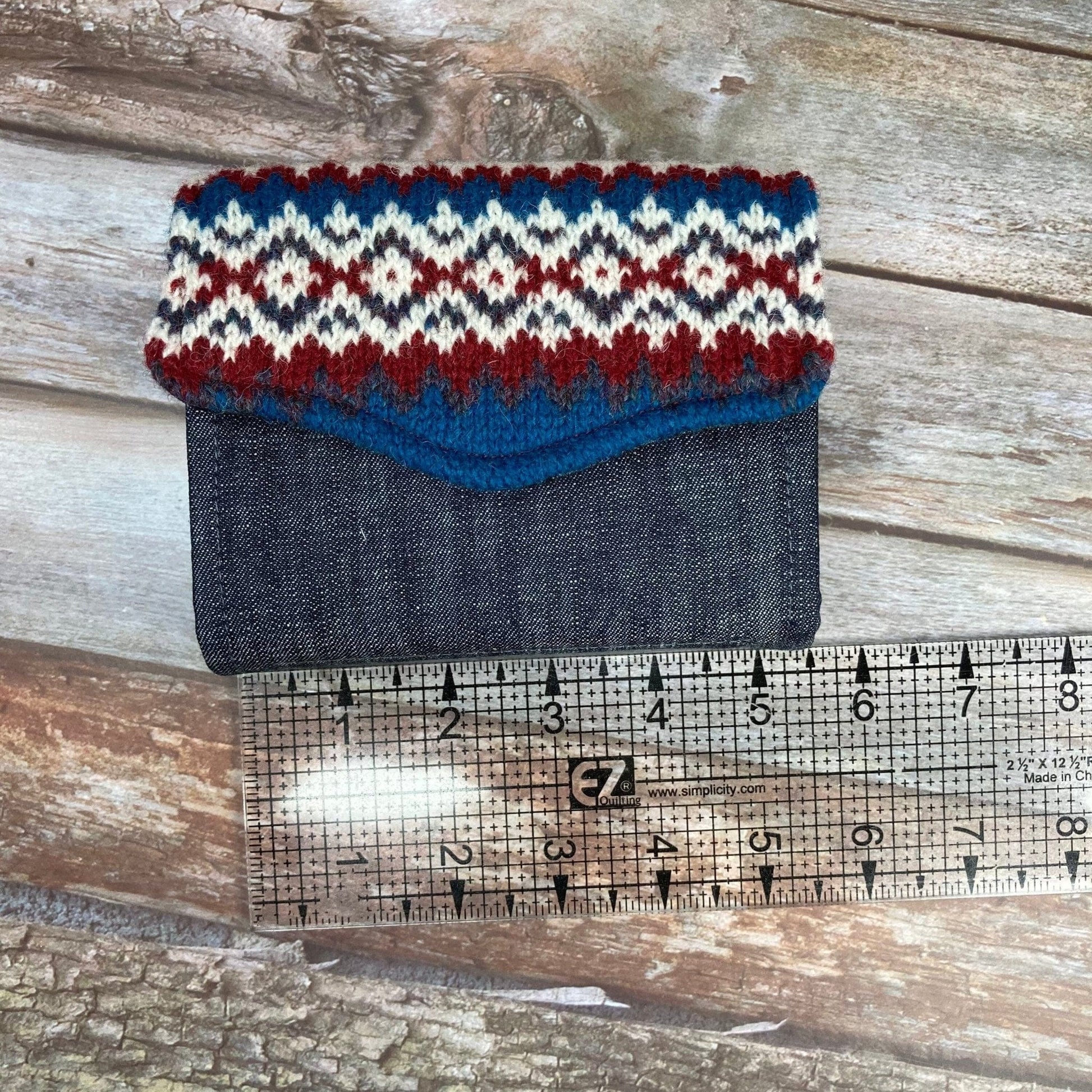 Hand knitted Fair Isle Purse Clutch | Blue Red & White