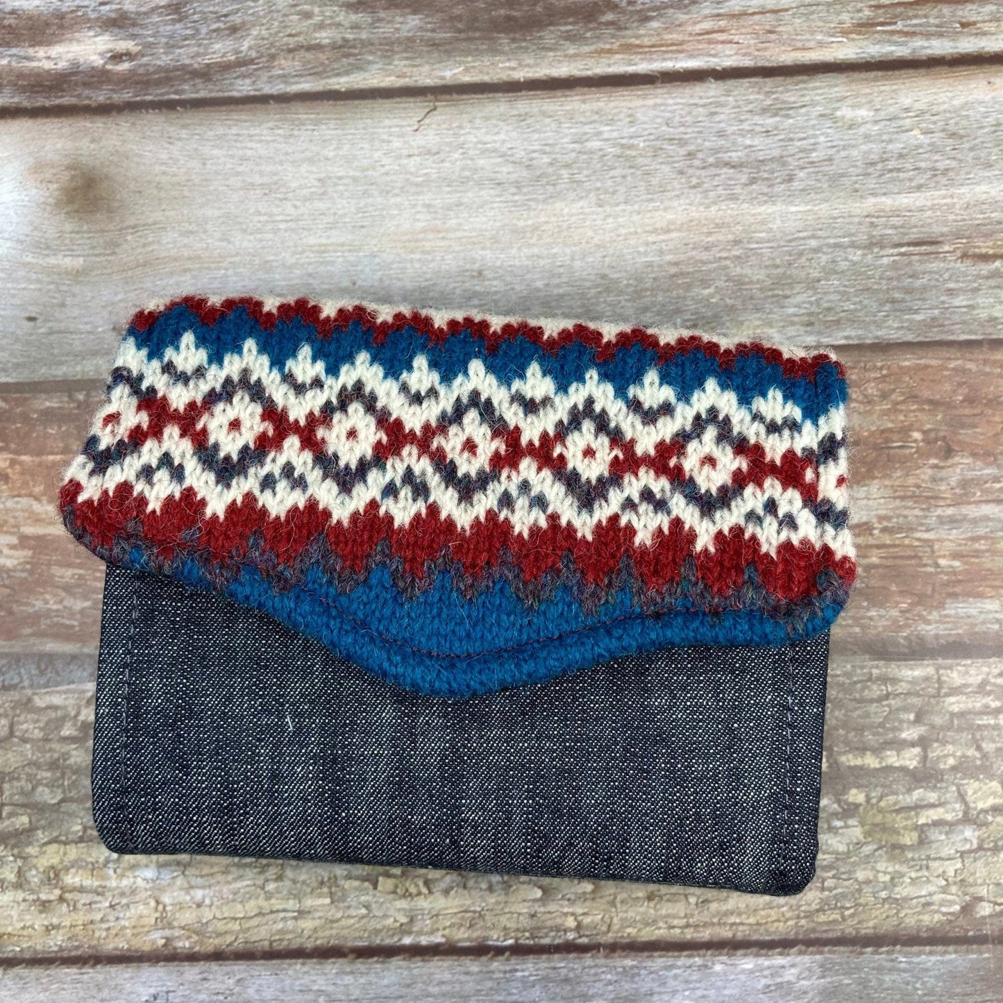 Hand knitted Fair Isle Purse Clutch | Blue Red & White