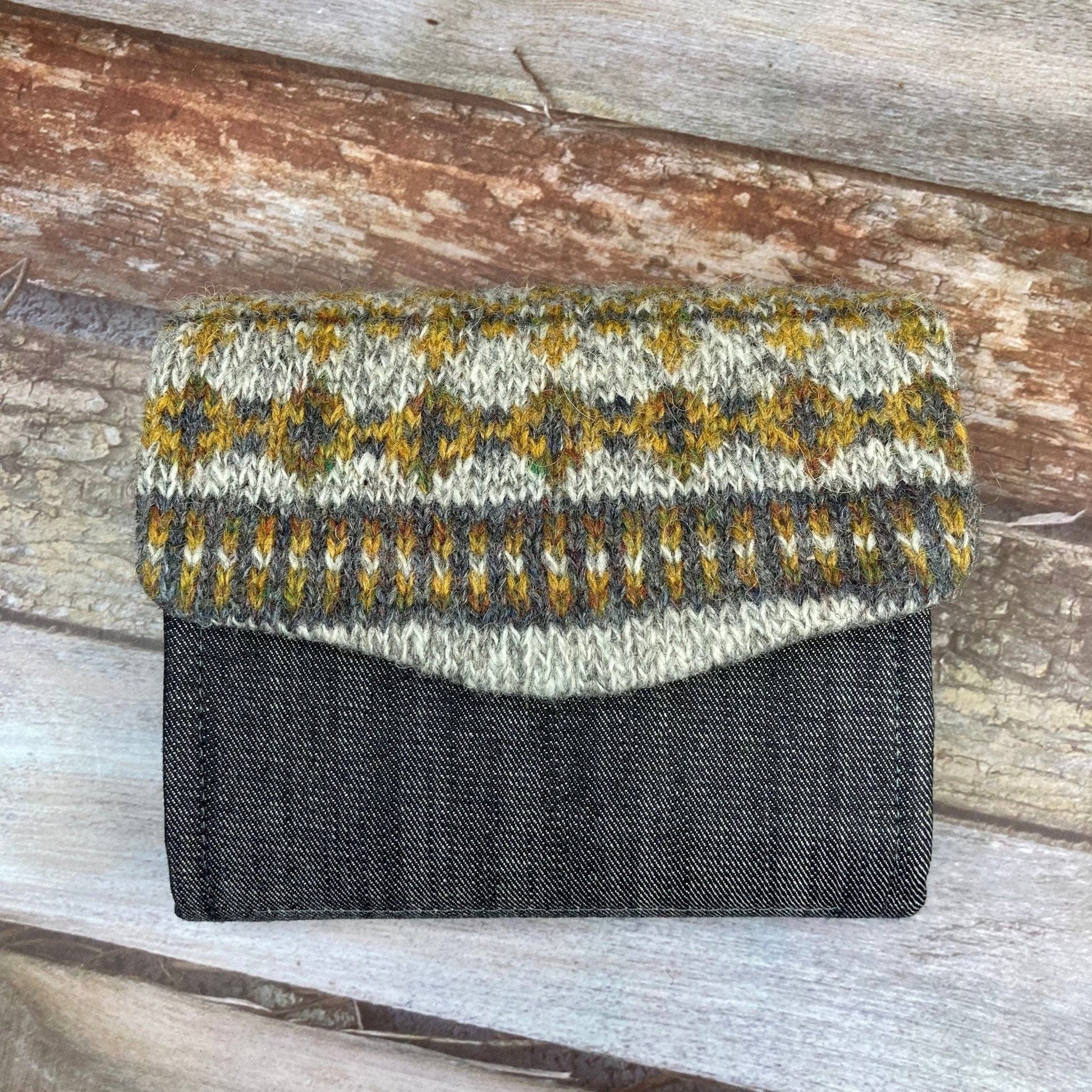 Hand knitted Fair Isle Purse Clutch | Grey Mustard