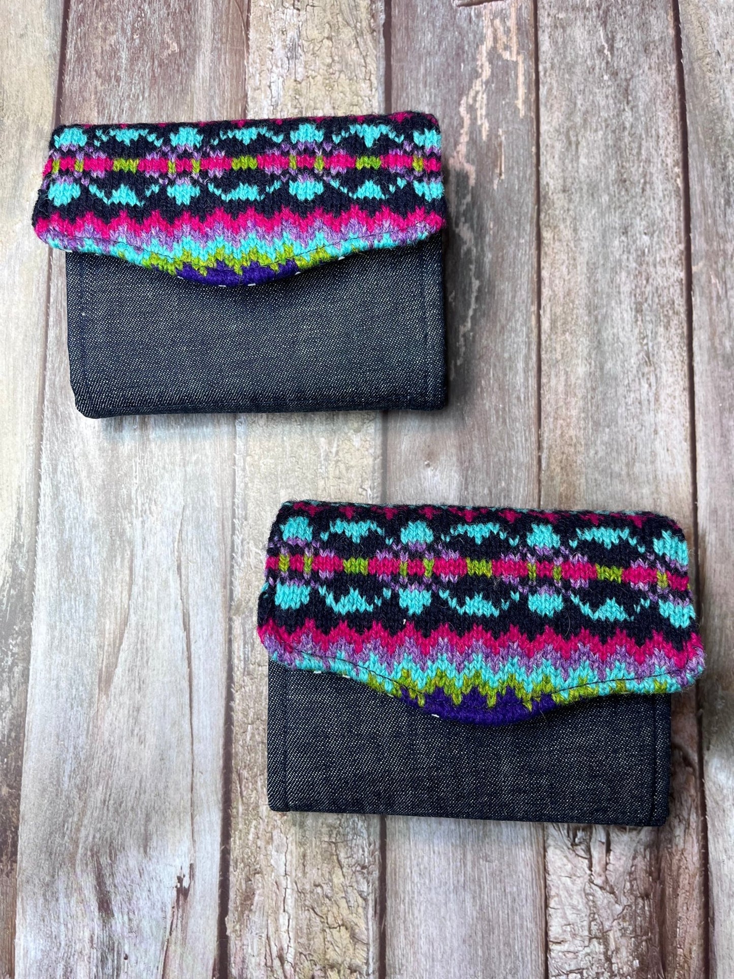 Hand knitted Fair Isle Purse Clutch - Navy, Pink, Green, Purple - Uphouse Crafts