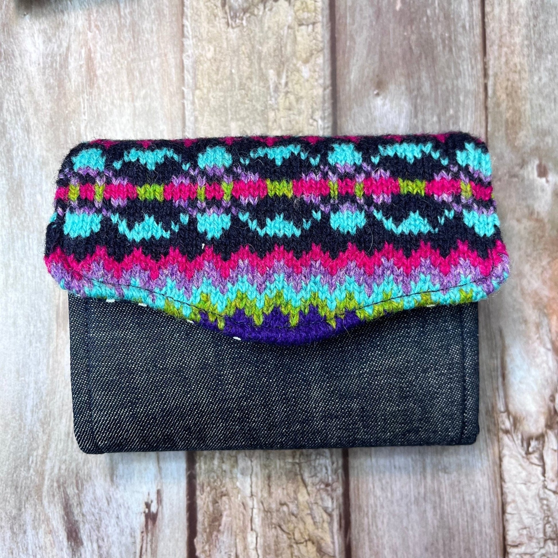 Hand knitted Fair Isle Purse Clutch | Navy, Pink, Green, Purple