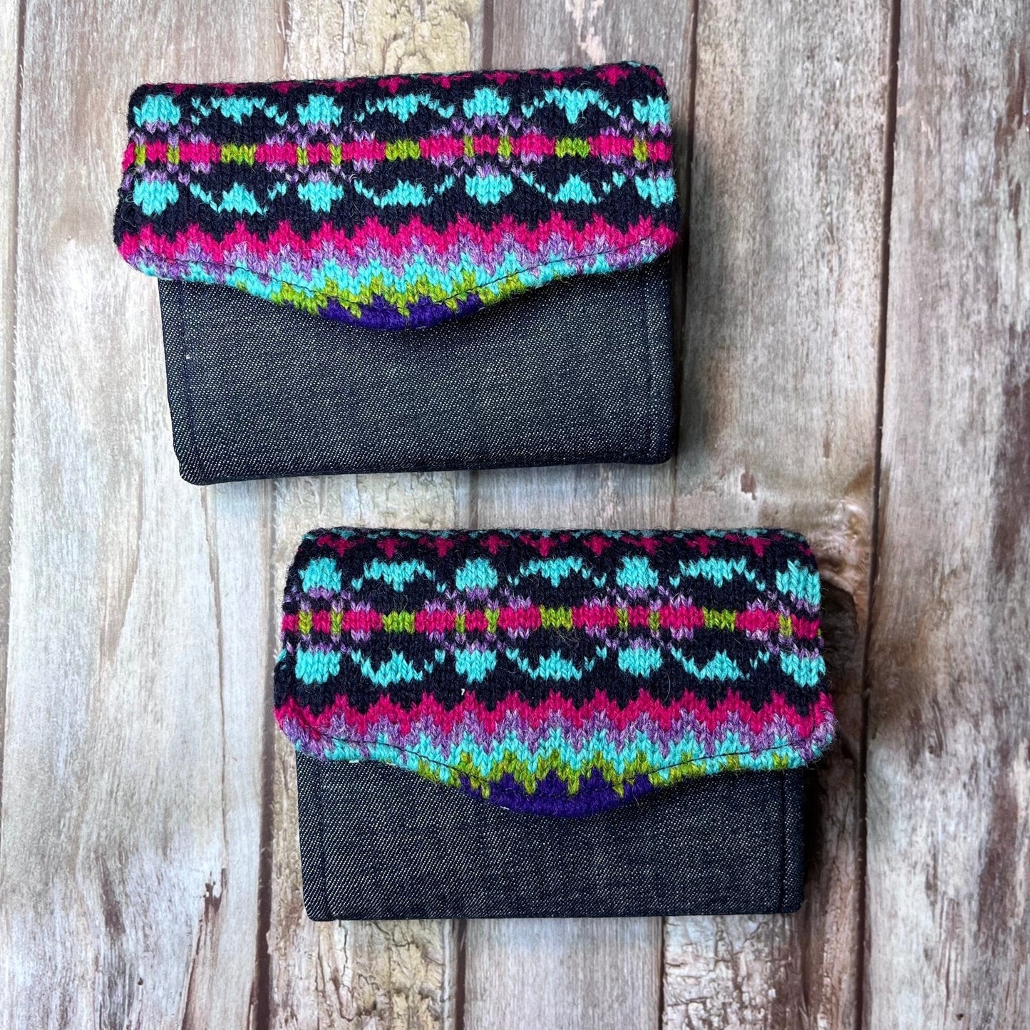 Hand knitted Fair Isle Purse Clutch | Navy, Pink, Green, Purple