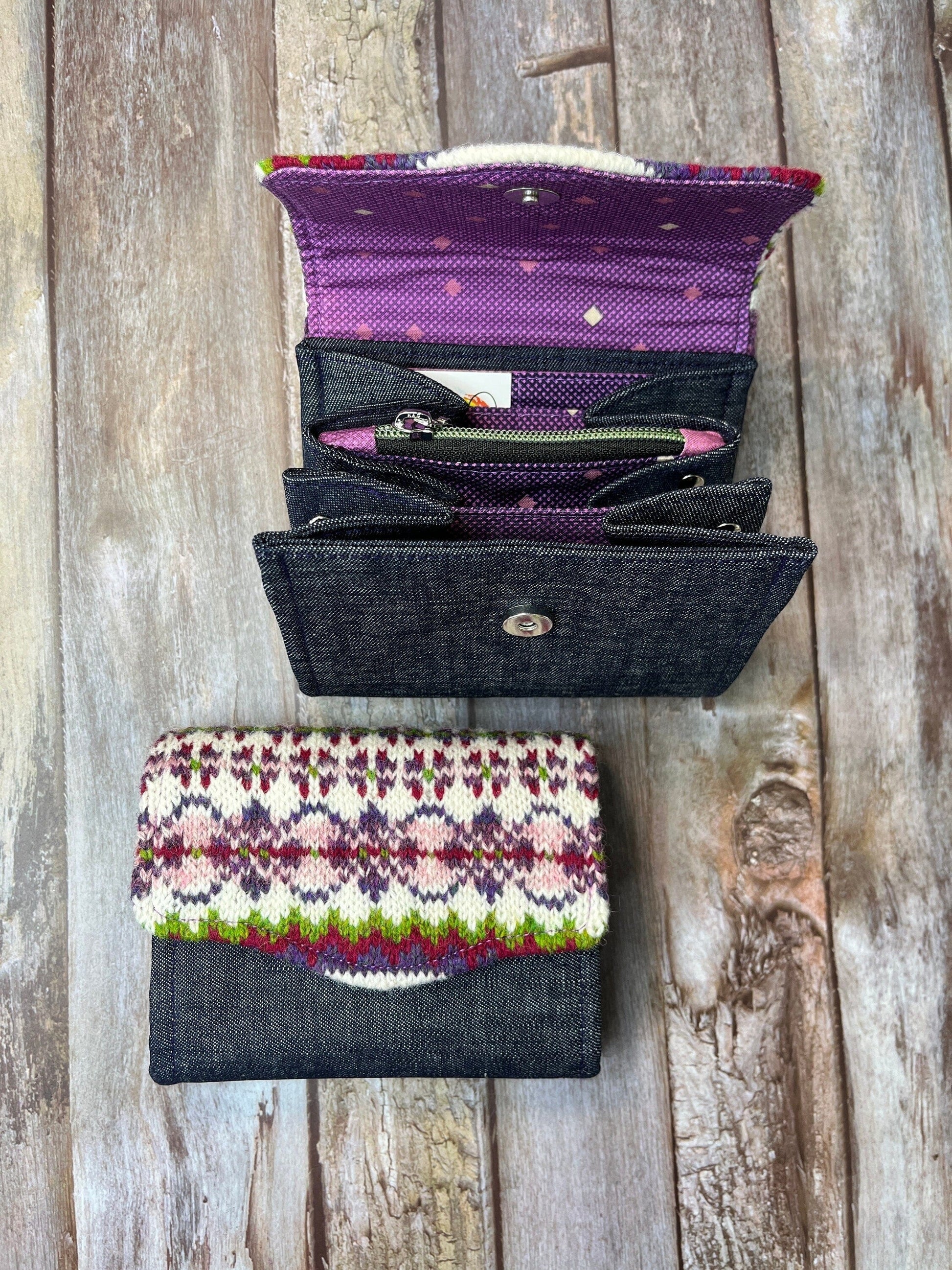 Hand knitted Fair Isle Purse Clutch | Pink Purple Green Wool