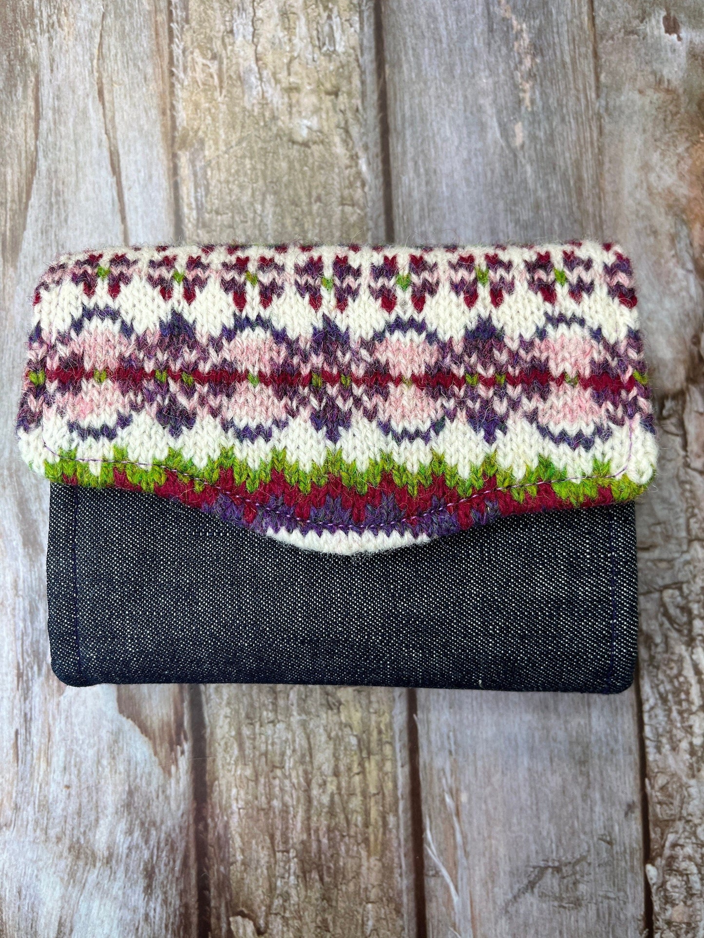 Hand knitted Fair Isle Purse Clutch | Pink Purple Green Wool