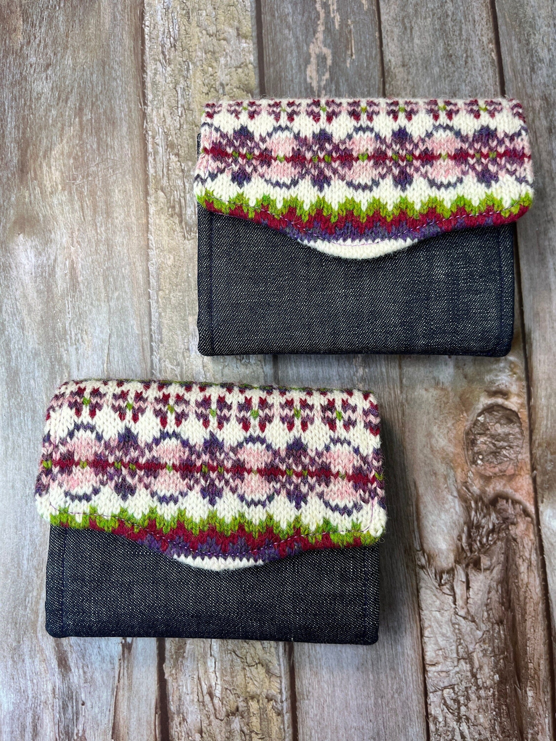 Hand knitted Fair Isle Purse Clutch | Pink Purple Green Wool