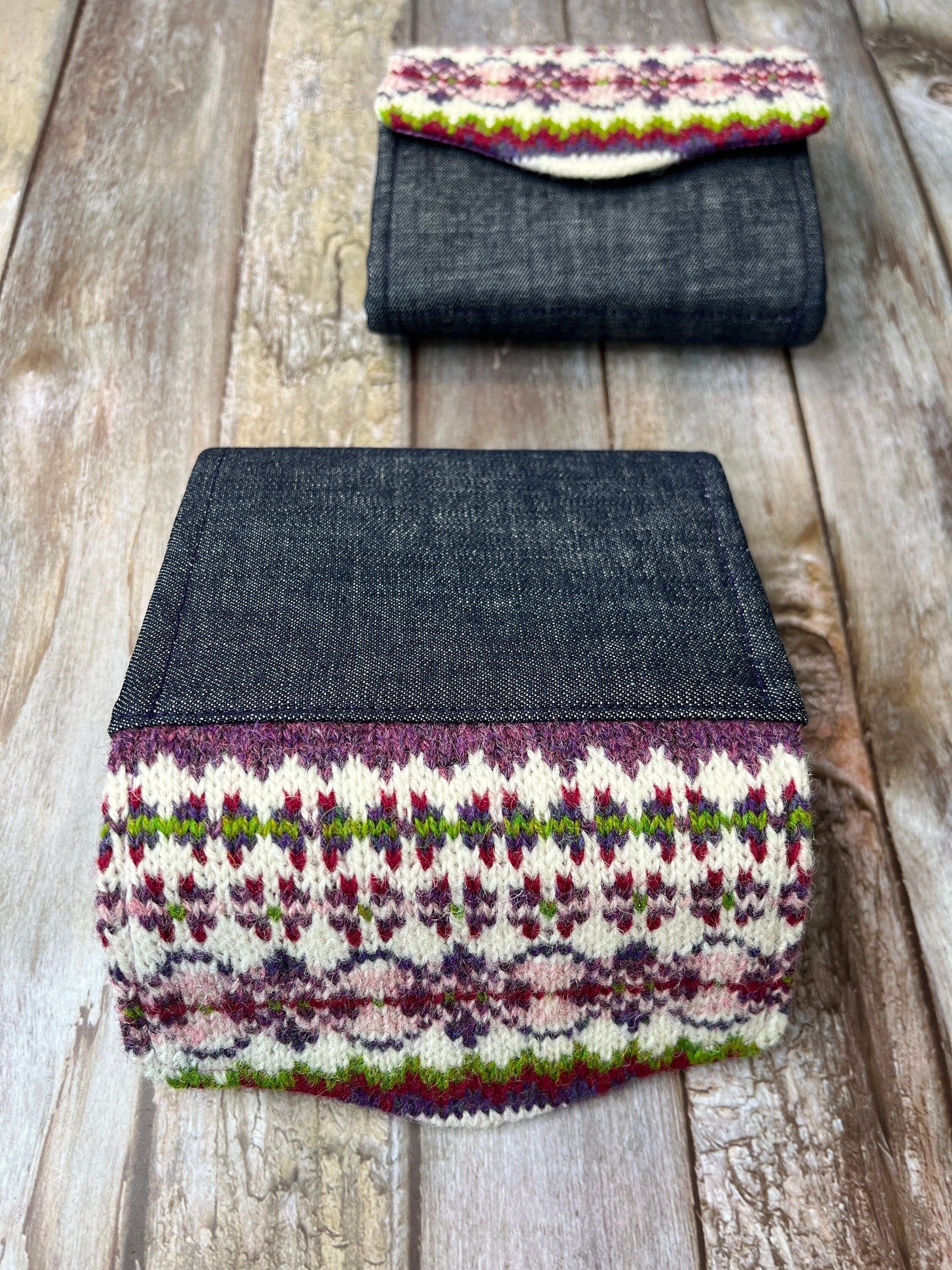 Hand knitted Fair Isle Purse Clutch | Pink Purple Green Wool