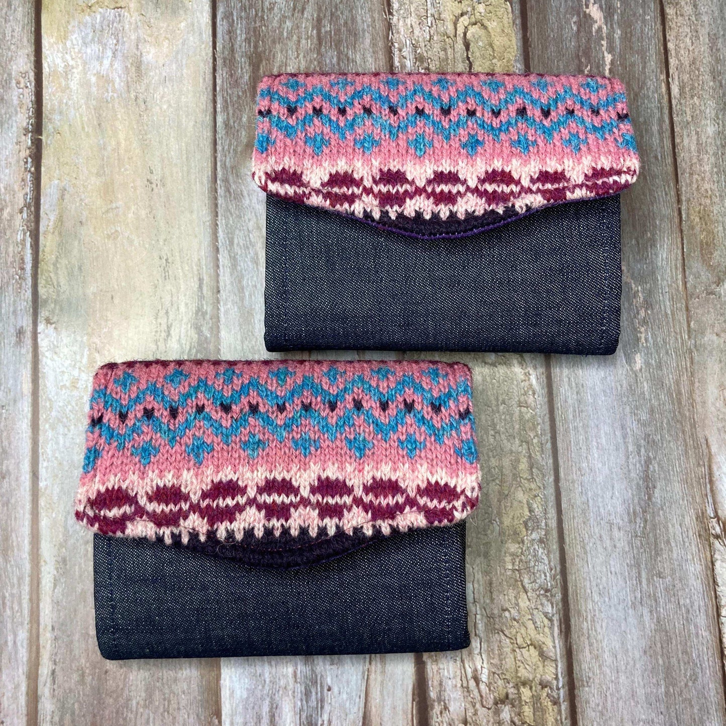 Hand knitted Fair Isle Purse Clutch | Purple Dusky Pink Teal