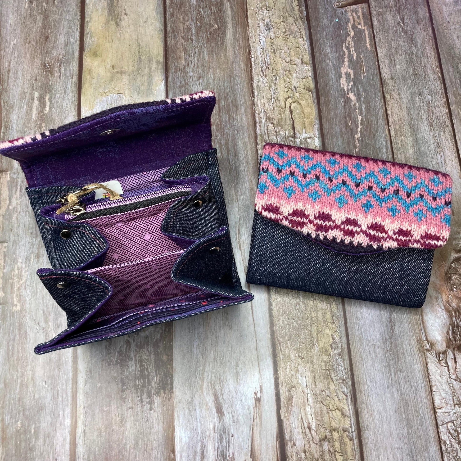 Hand knitted Fair Isle Purse Clutch | Purple Dusky Pink Teal