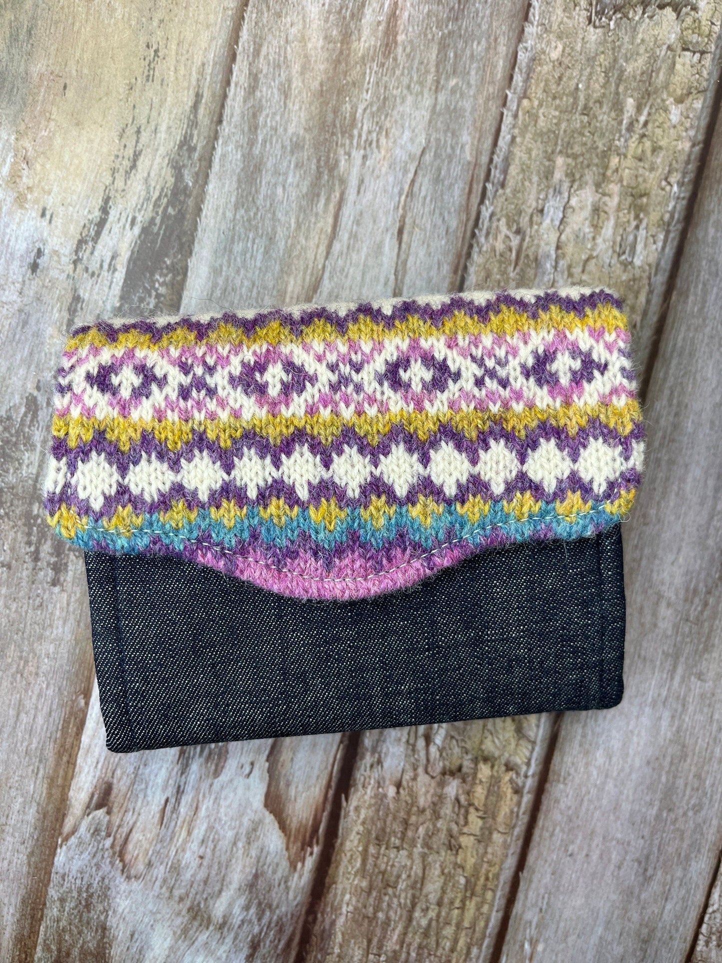 Hand knitted Fair Isle Purse Clutch | Shetland Sunrise Wool and Denim