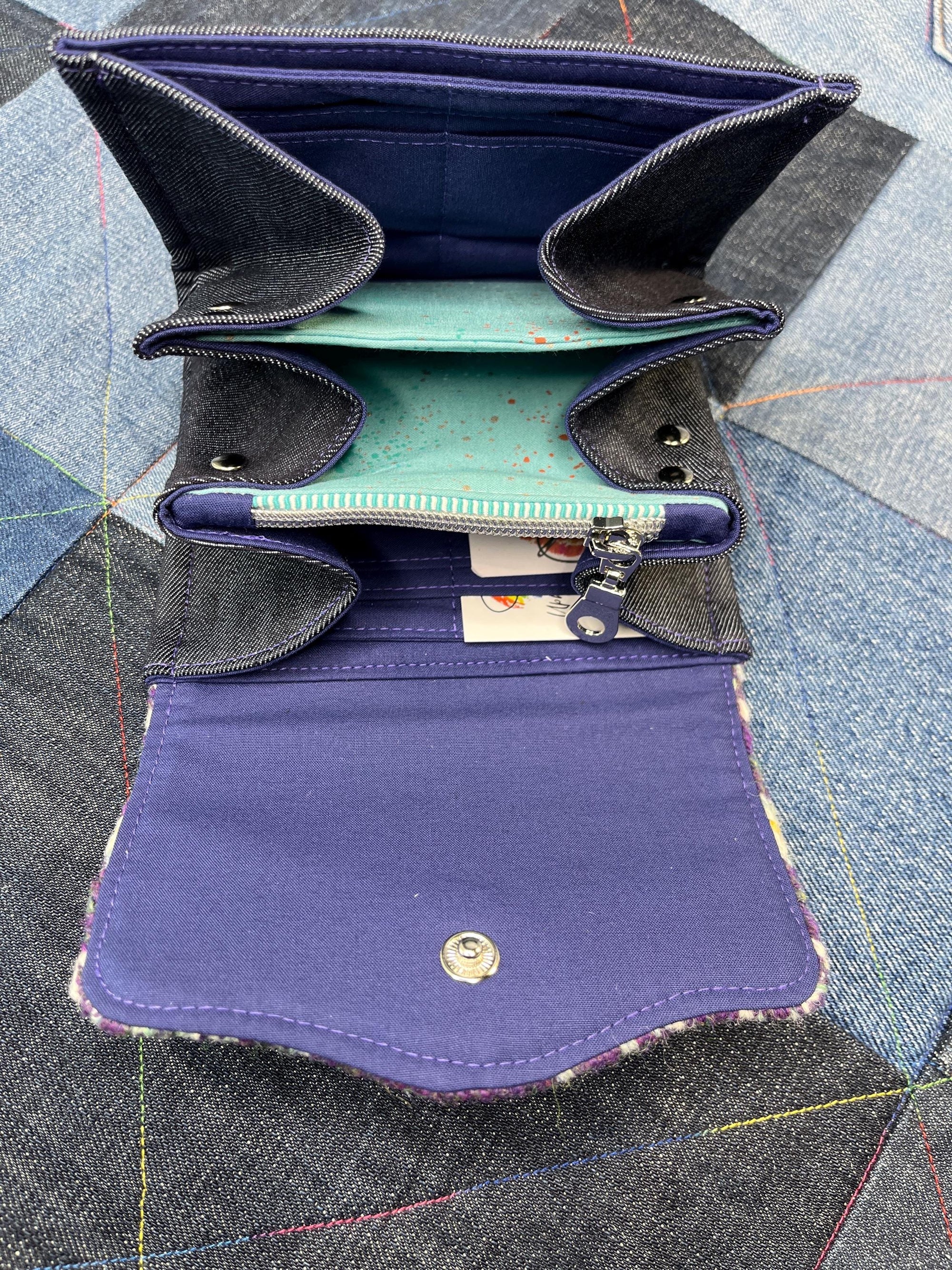 Hand Knitted Fair Isle Purse | Purple White Aqua Wool - Uphouse Crafts