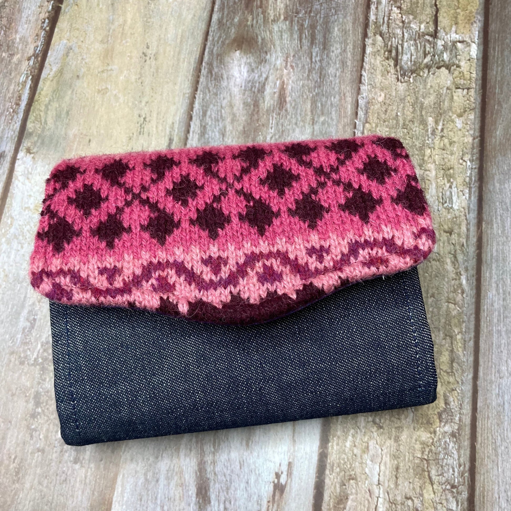 Handknitted Fair Isle Purse | Pink Burgandy - Uphouse Crafts