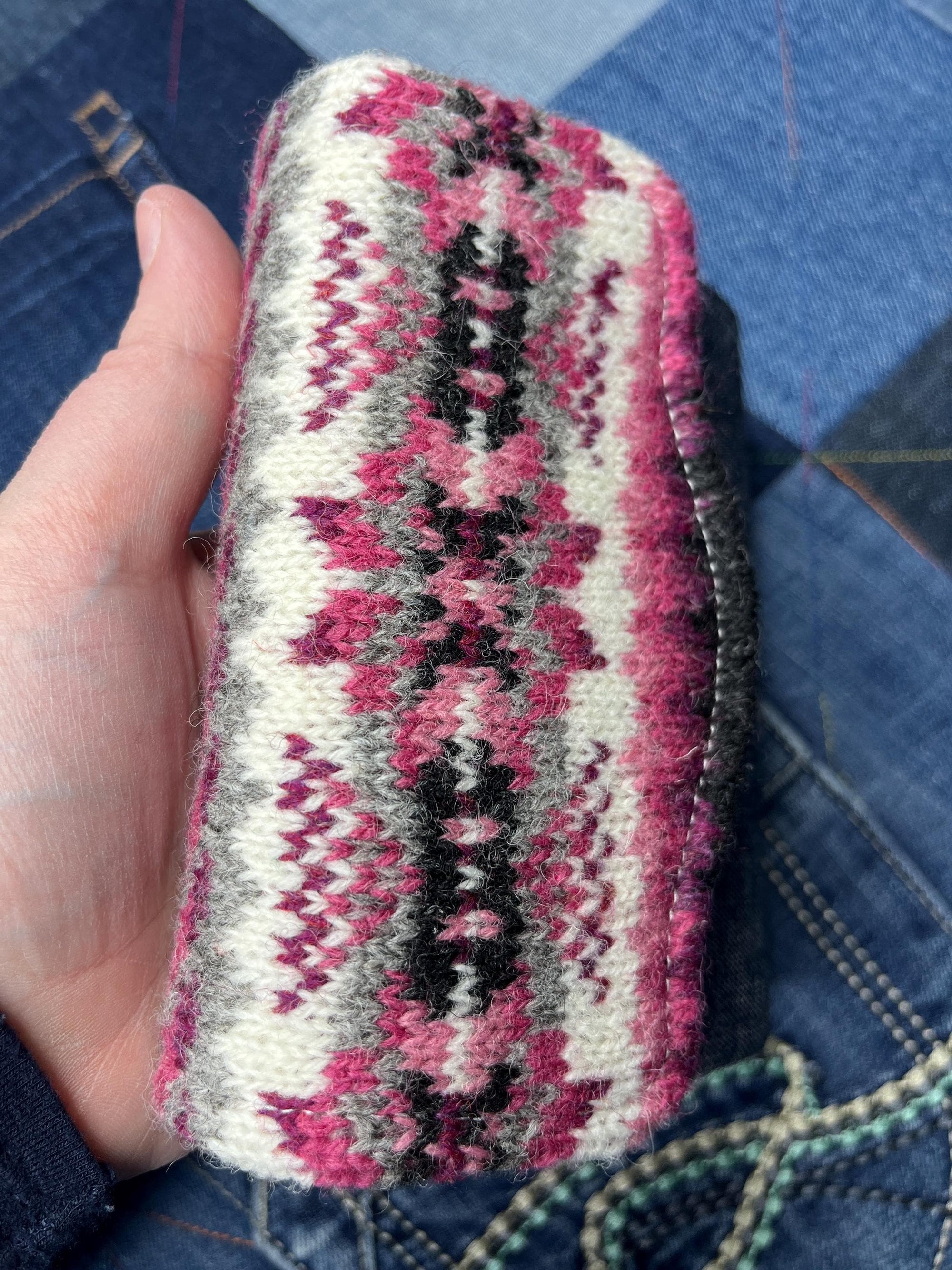 Handknitted Fair Isle Purse | Pink Grey Star - Uphouse Crafts