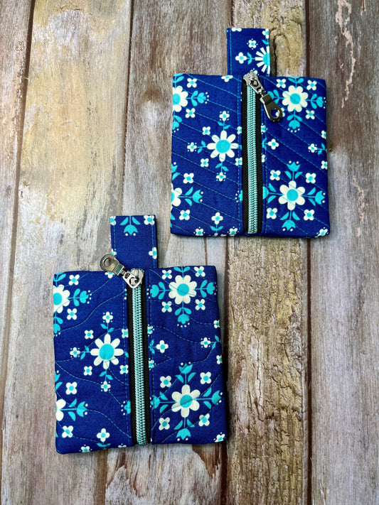 Blue Floral quilted Mini Zip Pouch, Coin Purse, Keyring Purse, Emergency Kit, Girls Purse, Blue Turquoise Pouch - Uphouse Crafts