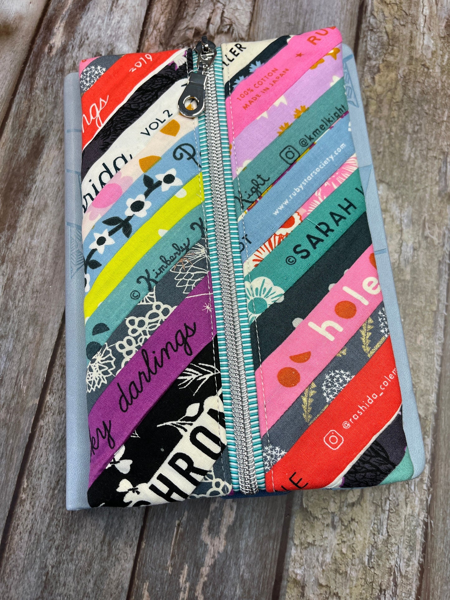 Teal Stripe Selvedges Patchwork Notebook Pencil Case, A5 Journal Zip Case, Bookmark