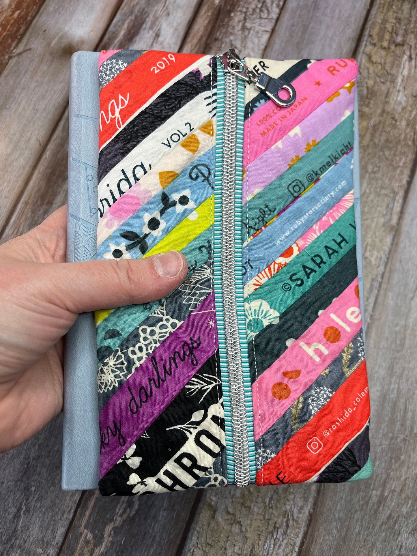 Teal Stripe Selvedges Patchwork Notebook Pencil Case, A5 Journal Zip Case, Bookmark