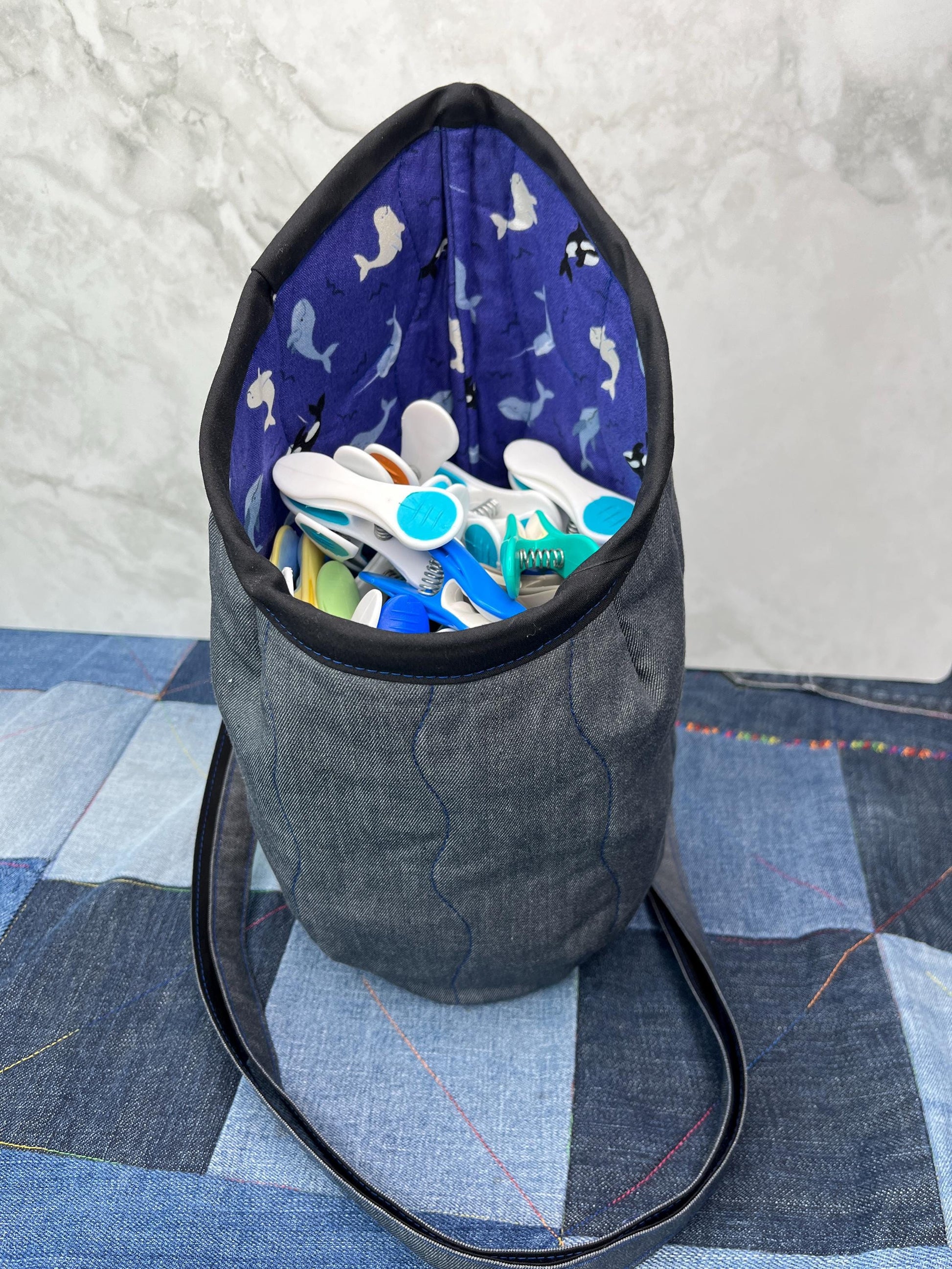 Purple Blue Orca Cotton Denim Clothes Peg Bag, Wearable Peg Bag