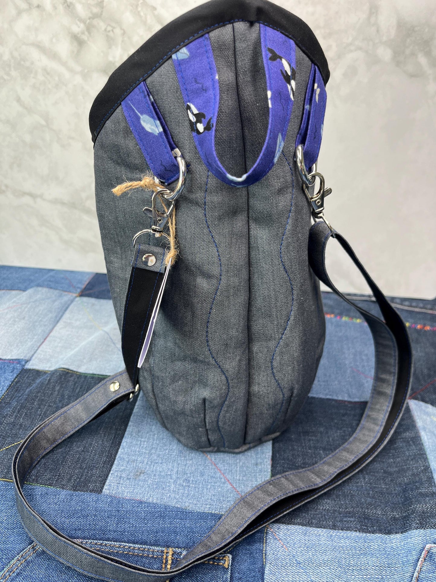 Purple Blue Orca Cotton Denim Clothes Peg Bag, Wearable Peg Bag