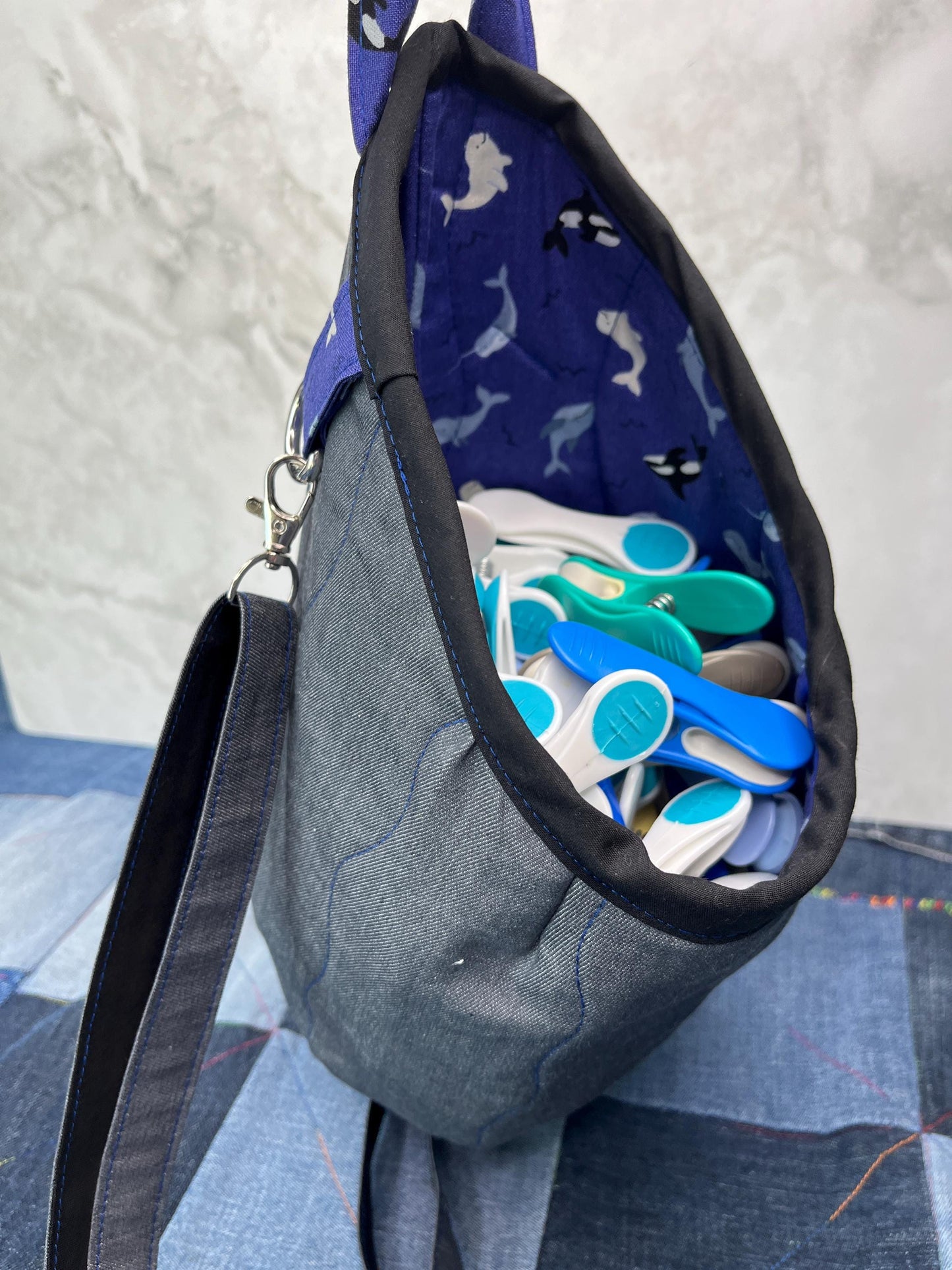Purple Blue Orca Cotton Denim Clothes Peg Bag, Wearable Peg Bag