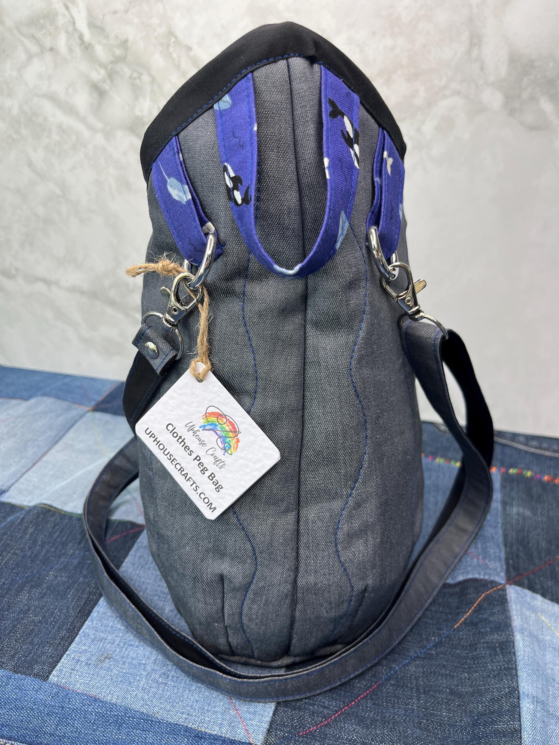 Purple Blue Orca Cotton Denim Clothes Peg Bag, Wearable Peg Bag