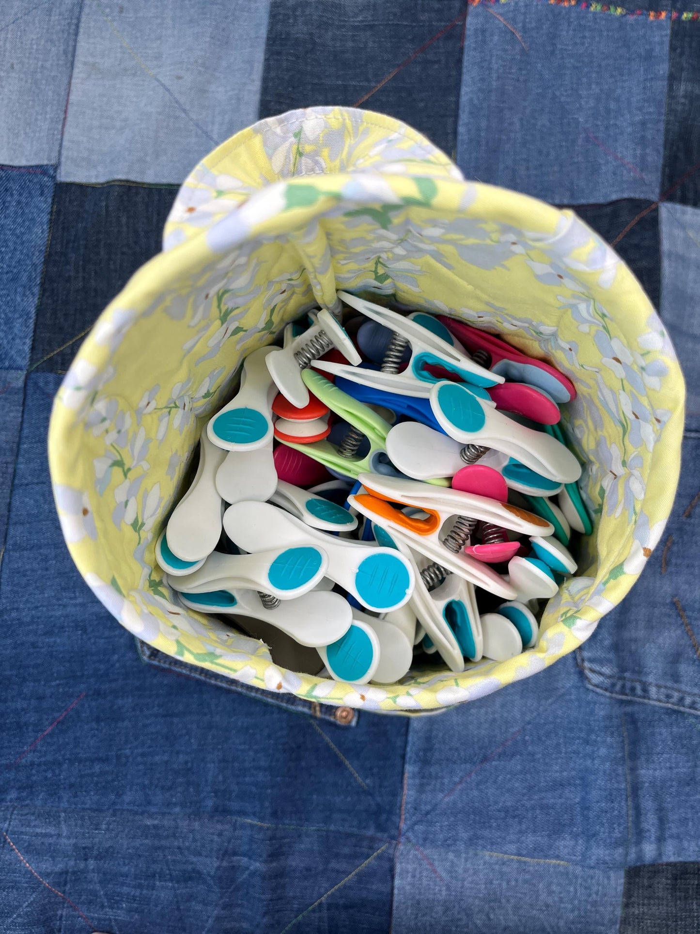 Lemon Floral Cotton Denim Clothes Peg Bag, Wearable Peg Bag