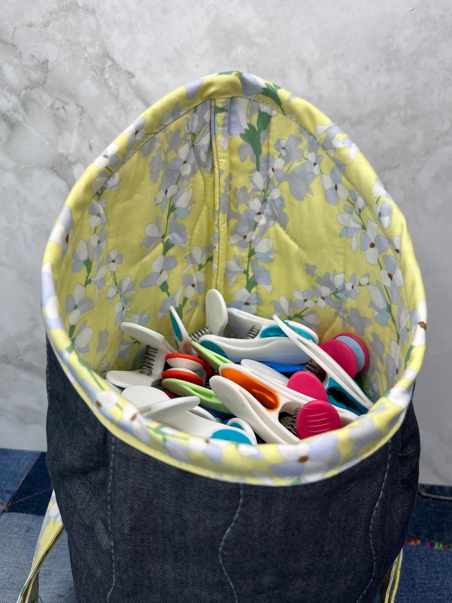Lemon Floral Cotton Denim Clothes Peg Bag, Wearable Peg Bag