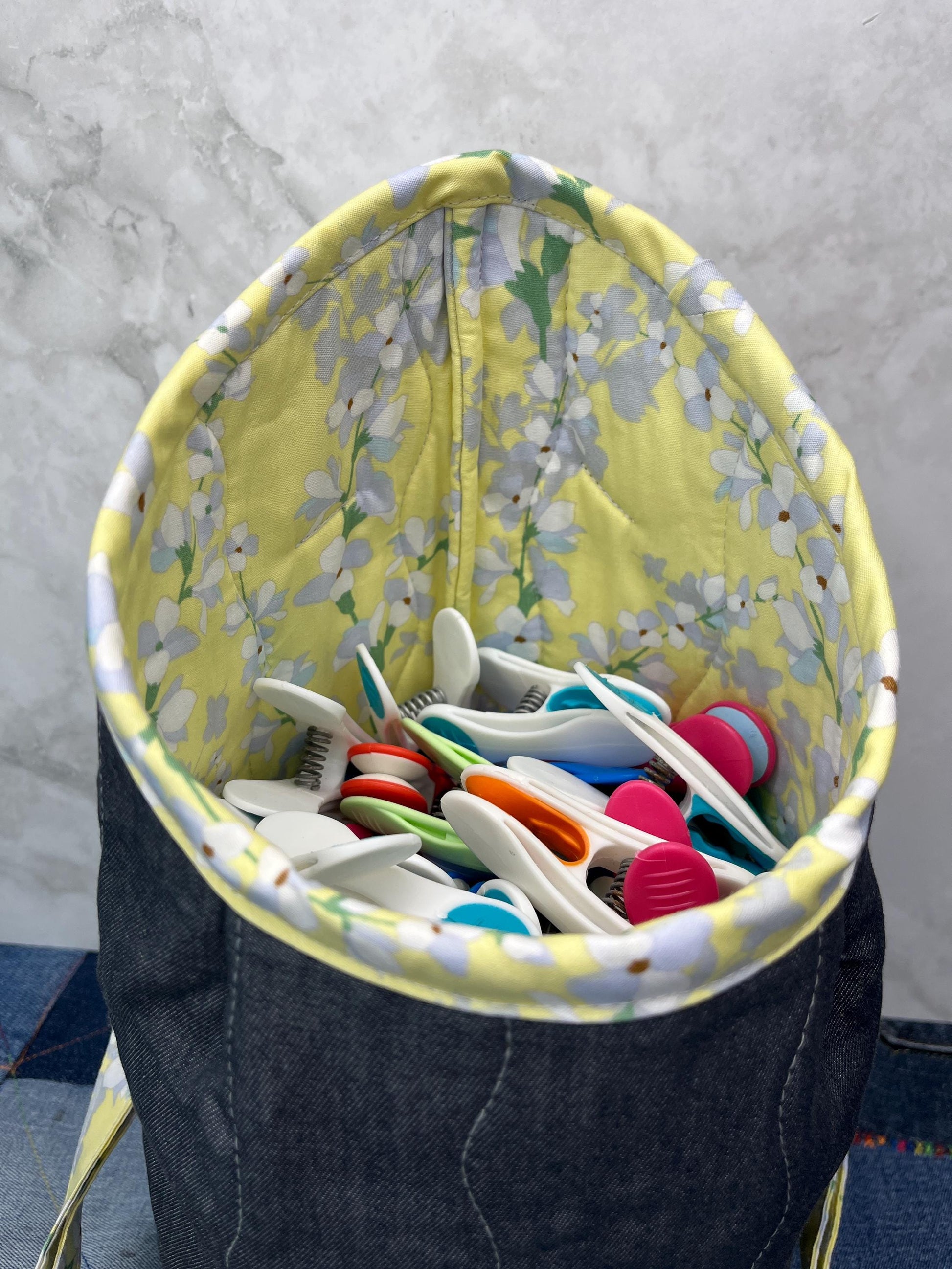 Lemon Floral Cotton Denim Clothes Peg Bag, Wearable Peg Bag