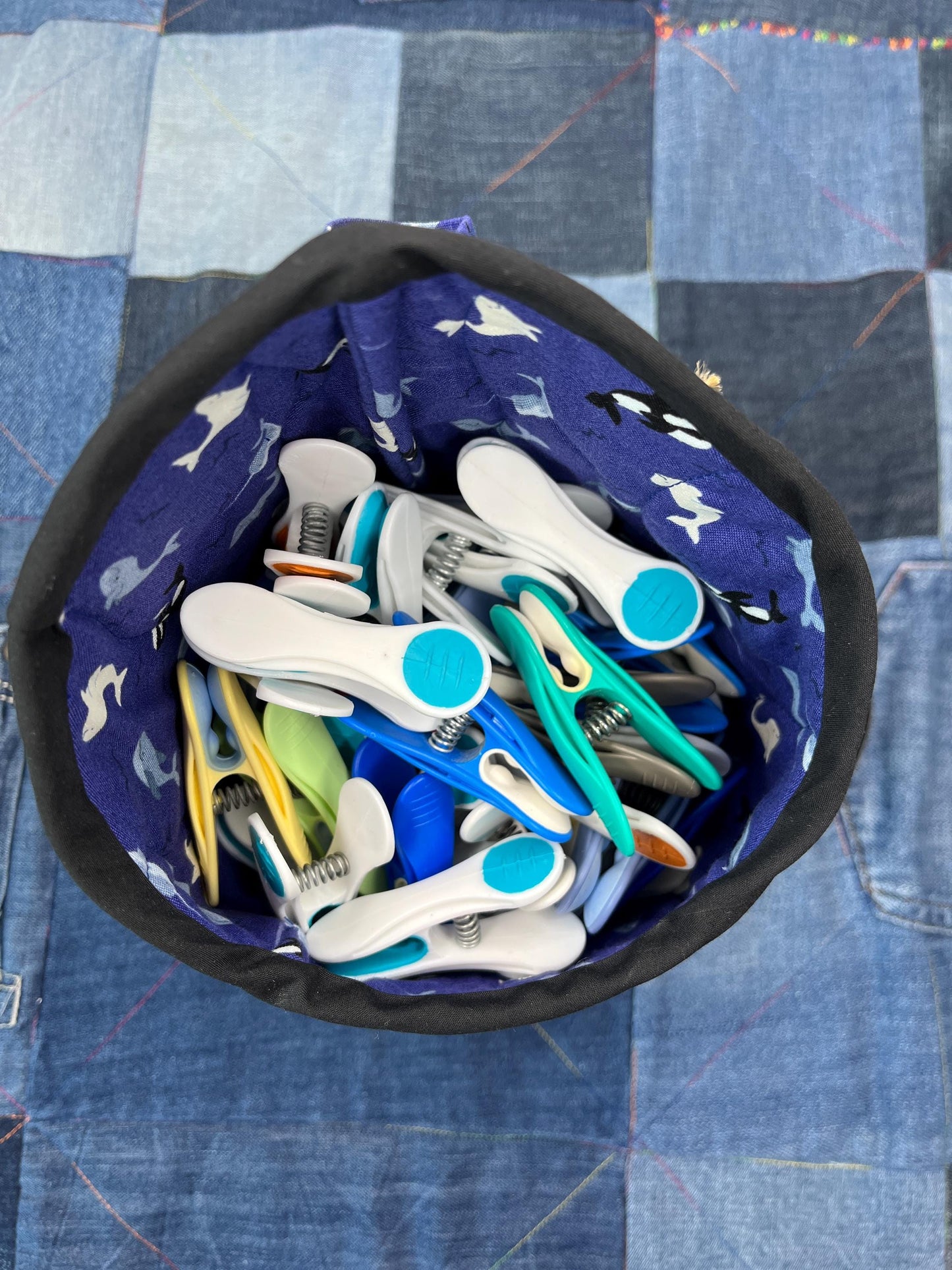 Purple Blue Orca Cotton Denim Clothes Peg Bag, Wearable Peg Bag