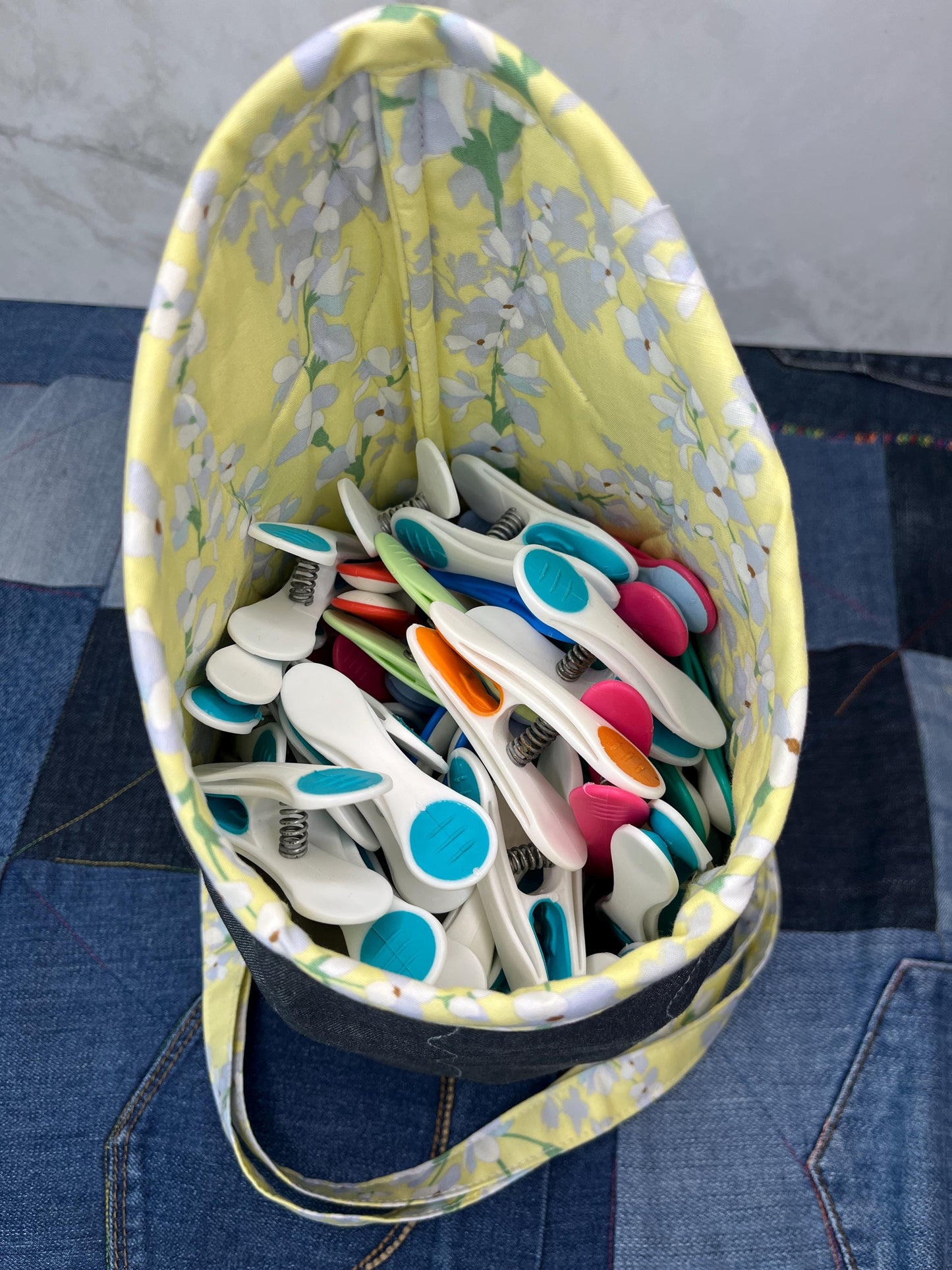 Lemon Floral Cotton Denim Clothes Peg Bag, Wearable Peg Bag
