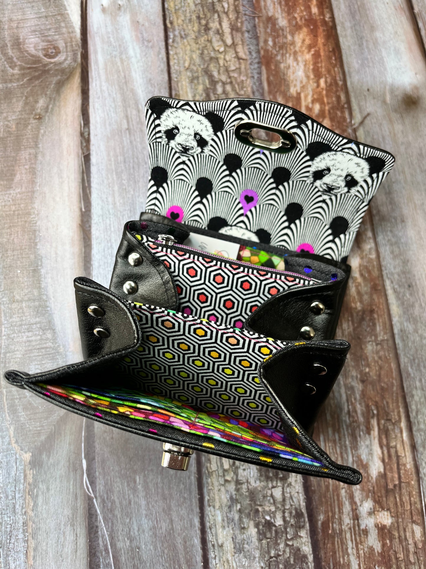 SALE Black Faux Leather Purse - Rainbow Panda - Uphouse Crafts