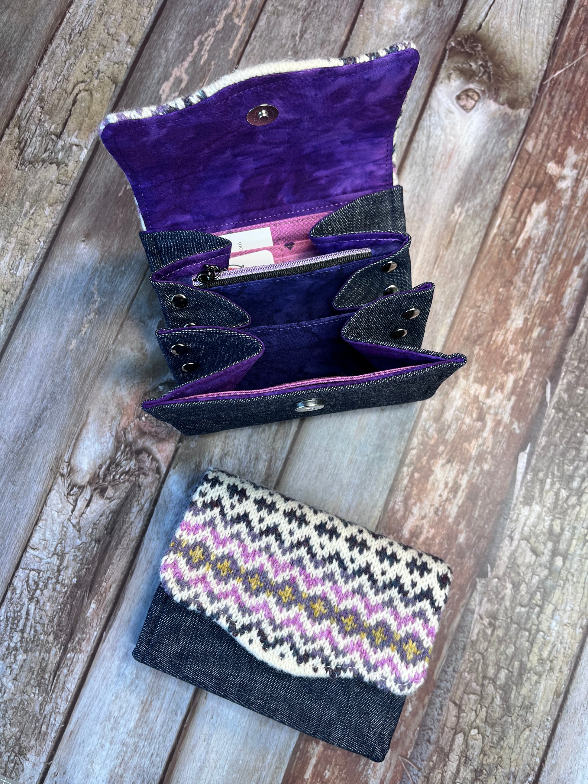 Hand knitted Fair Isle Purse Clutch - Ivory Pink Purple - Uphouse Crafts