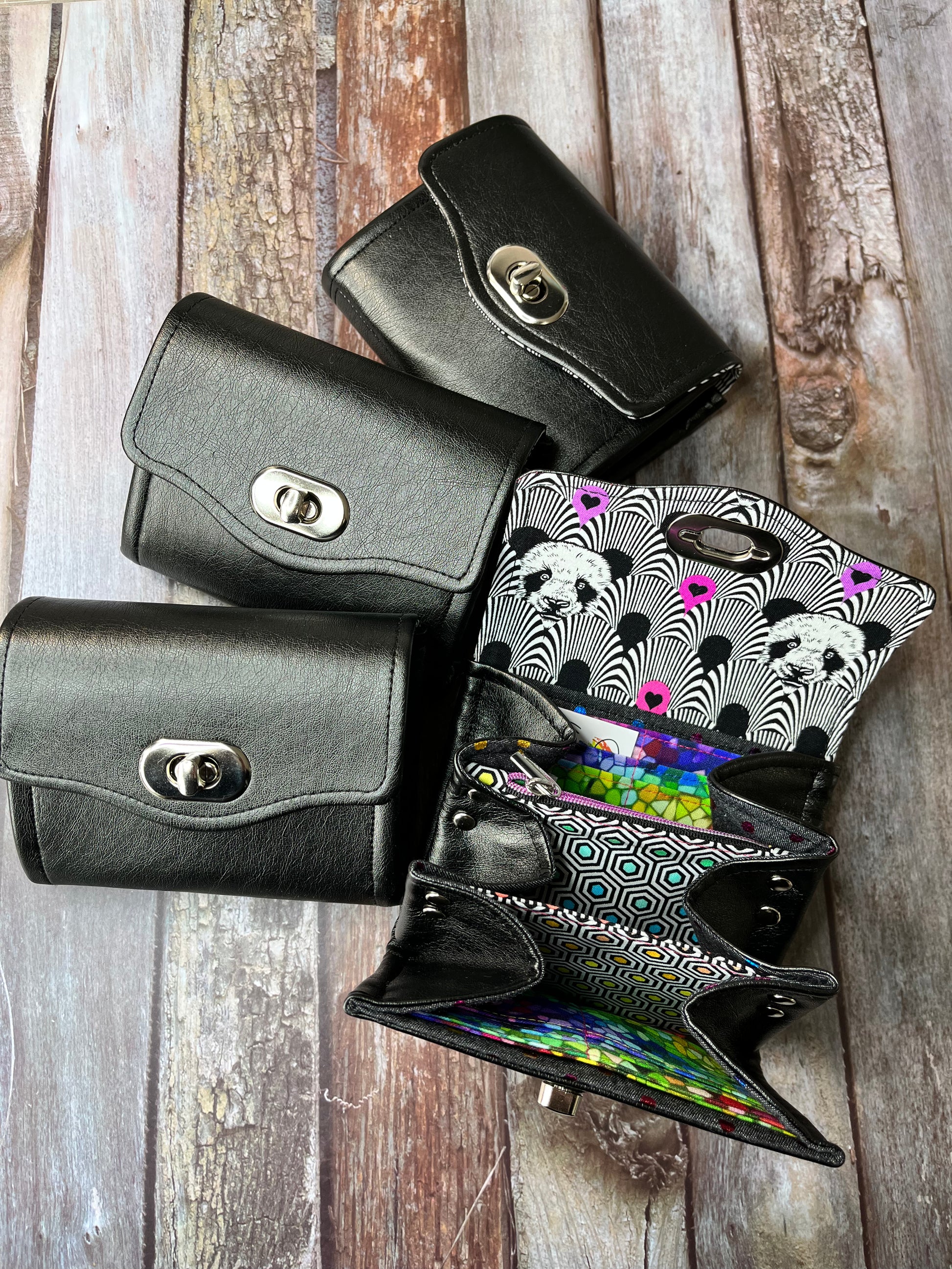 SALE Black Faux Leather Purse - Rainbow Panda - Uphouse Crafts