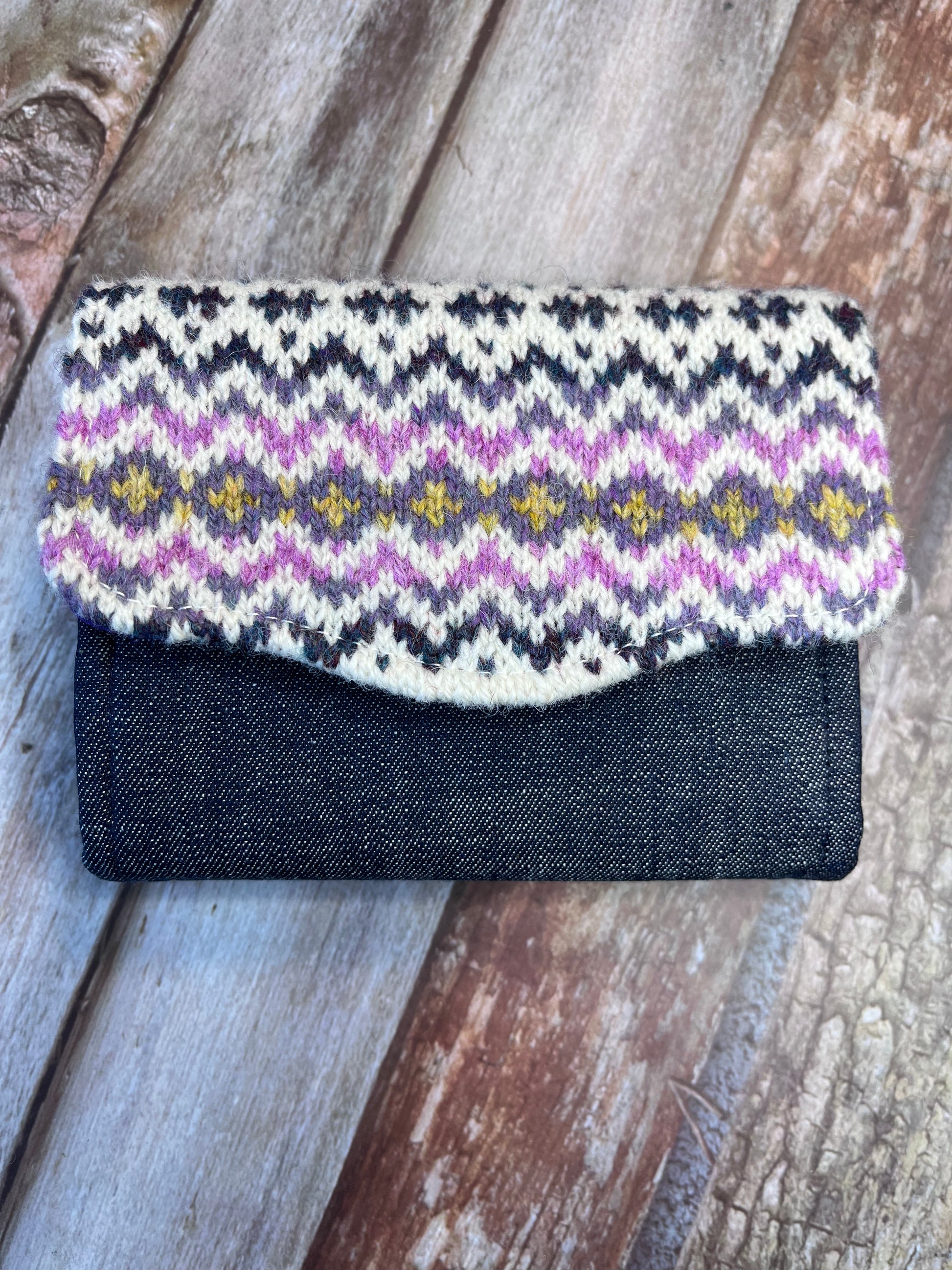 Hand knitted Fair Isle Purse Clutch - Ivory Pink Purple - Uphouse Crafts