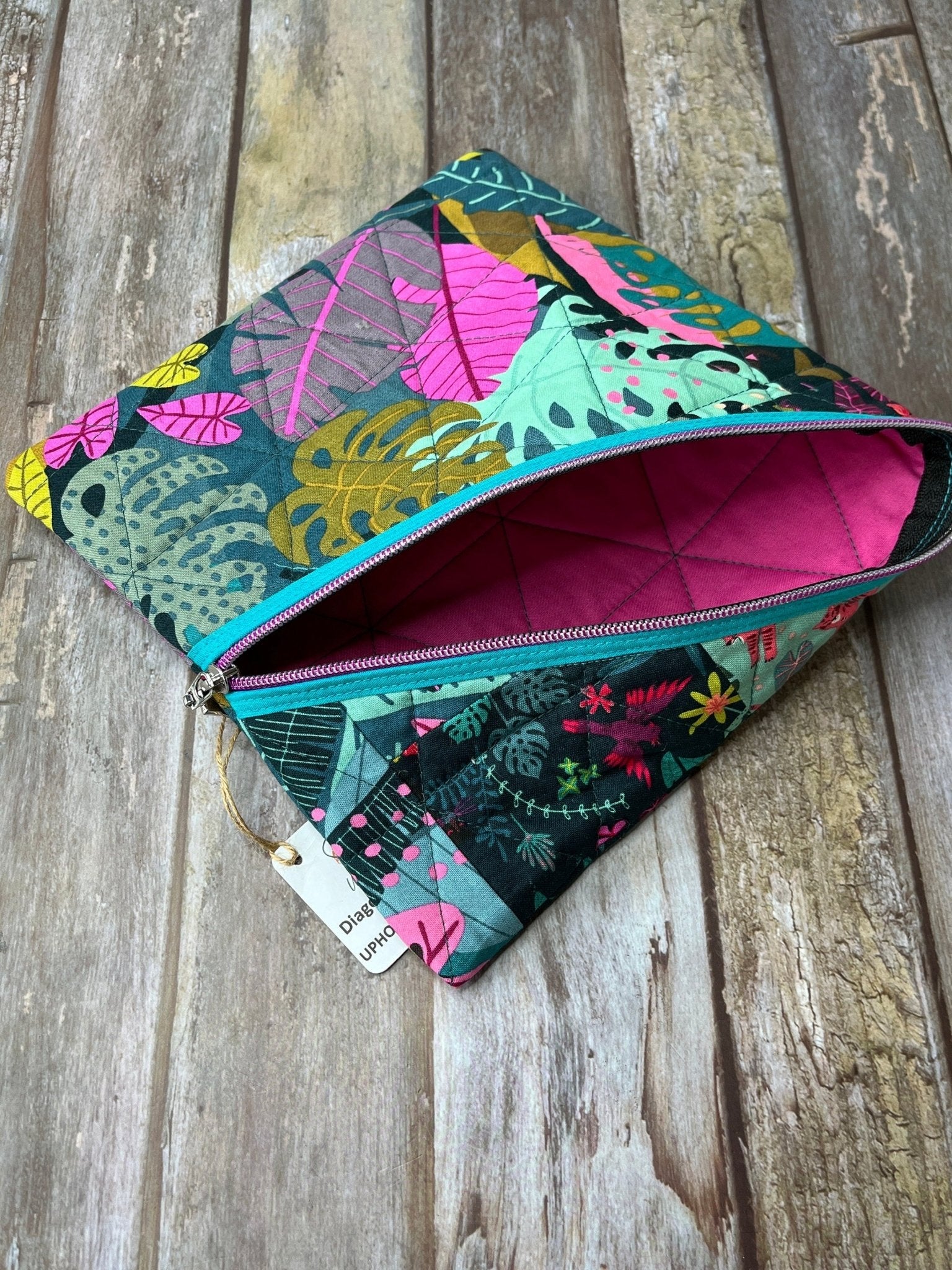 Jungle Patchwork Diagonal Zip Pouch, Green Pink Quilted Zip Pouch, Travel Document Sleeve - Uphouse Crafts