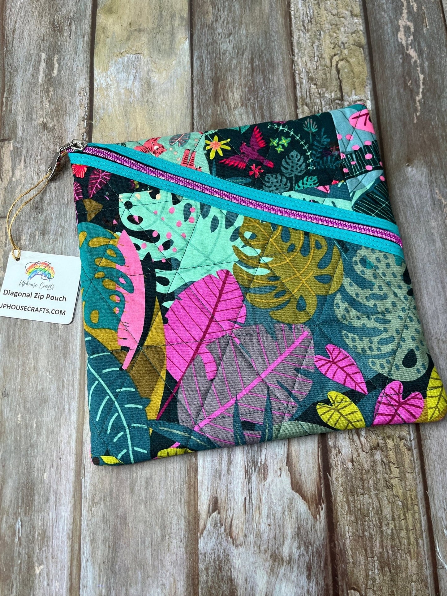 Jungle Patchwork Diagonal Zip Pouch, Green Pink Quilted Zip Pouch, Travel Document Sleeve - Uphouse Crafts