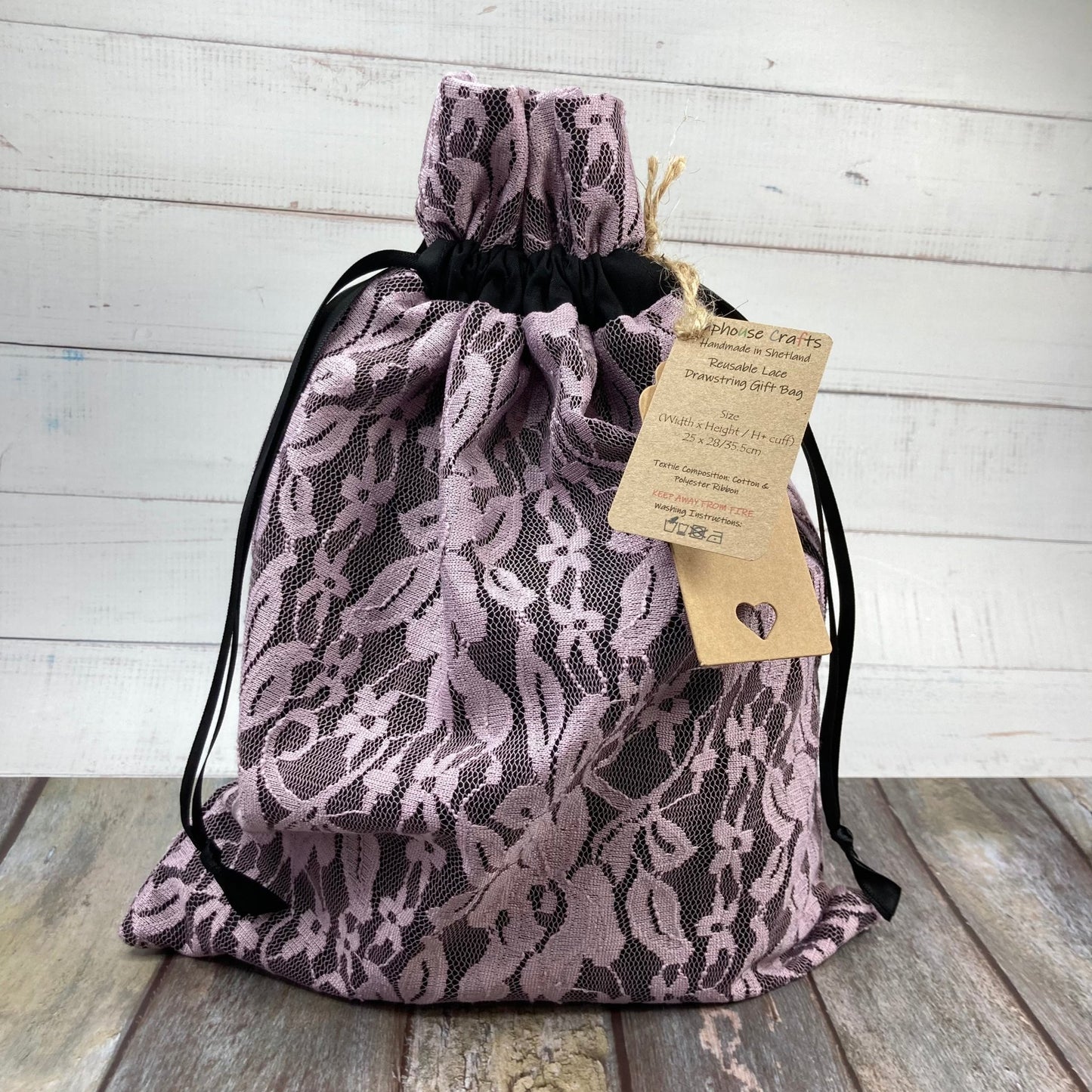 Lace Keepsake Bag - Vintage Pink Lace and Black Cotton - Uphouse Crafts